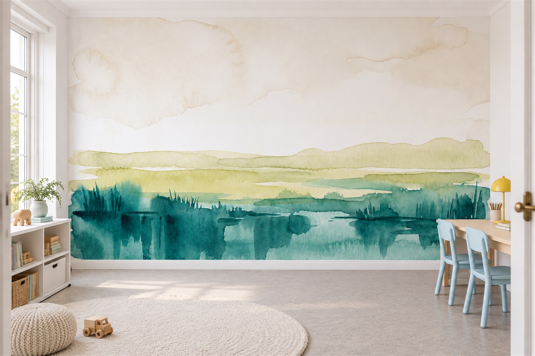 Teal Pattern Decorative Wallpaper Mural Office-wallpaper-murals, Shown In A Home Office, Peel-and-stick Finish