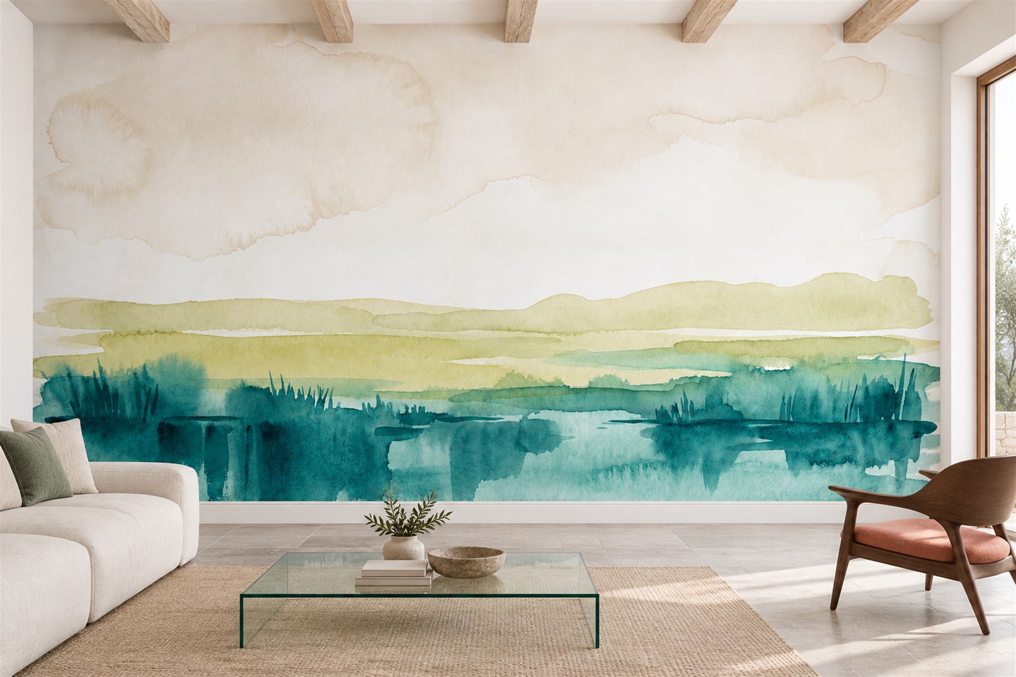 Teal Watercolour Shoreline And Marsh Wallpaper Mural — Wallpaper Mural Design, Peel-and-stick Finish