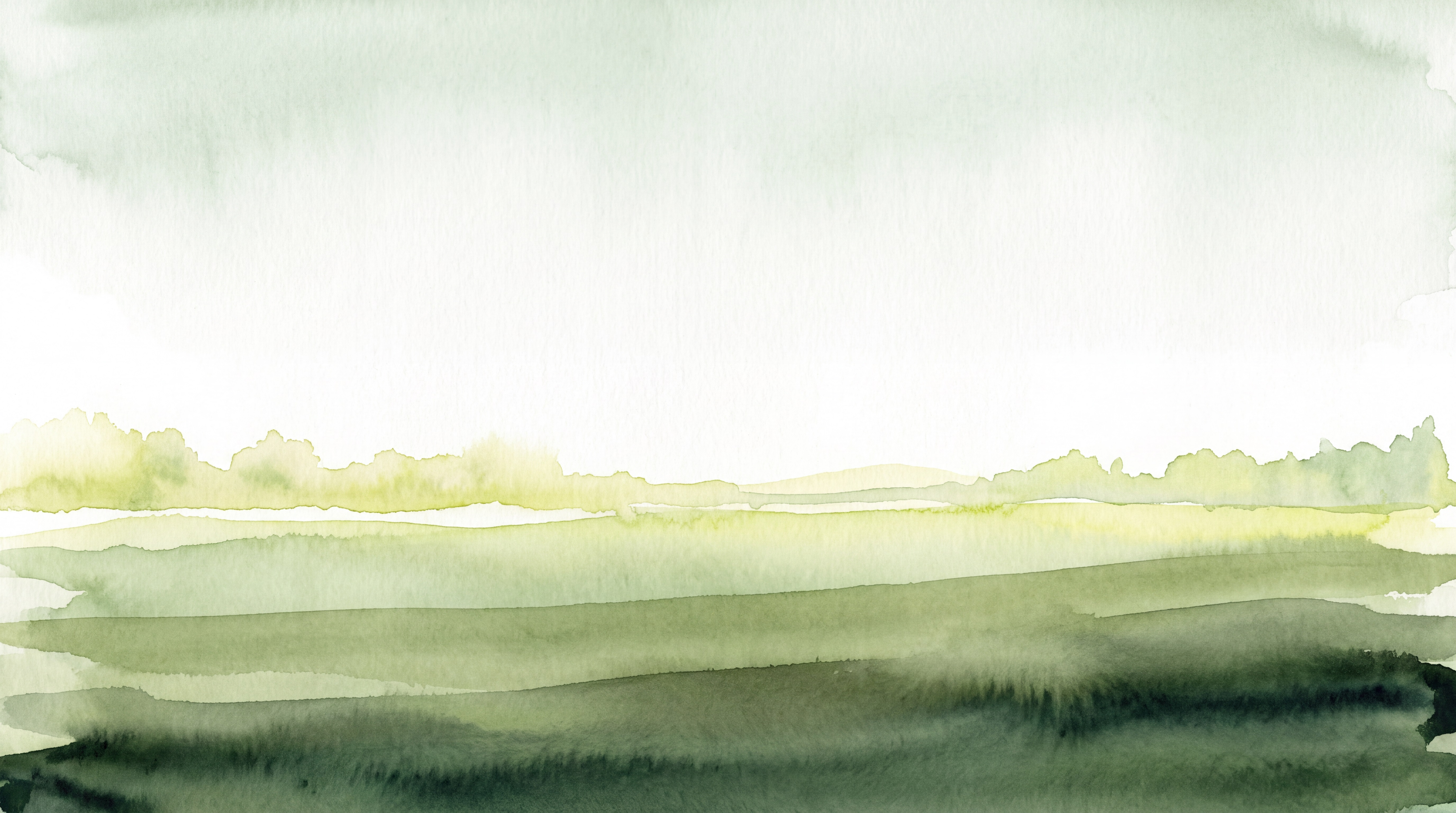 Flat watercolour artwork with low pale green landscape bands and open upper field
