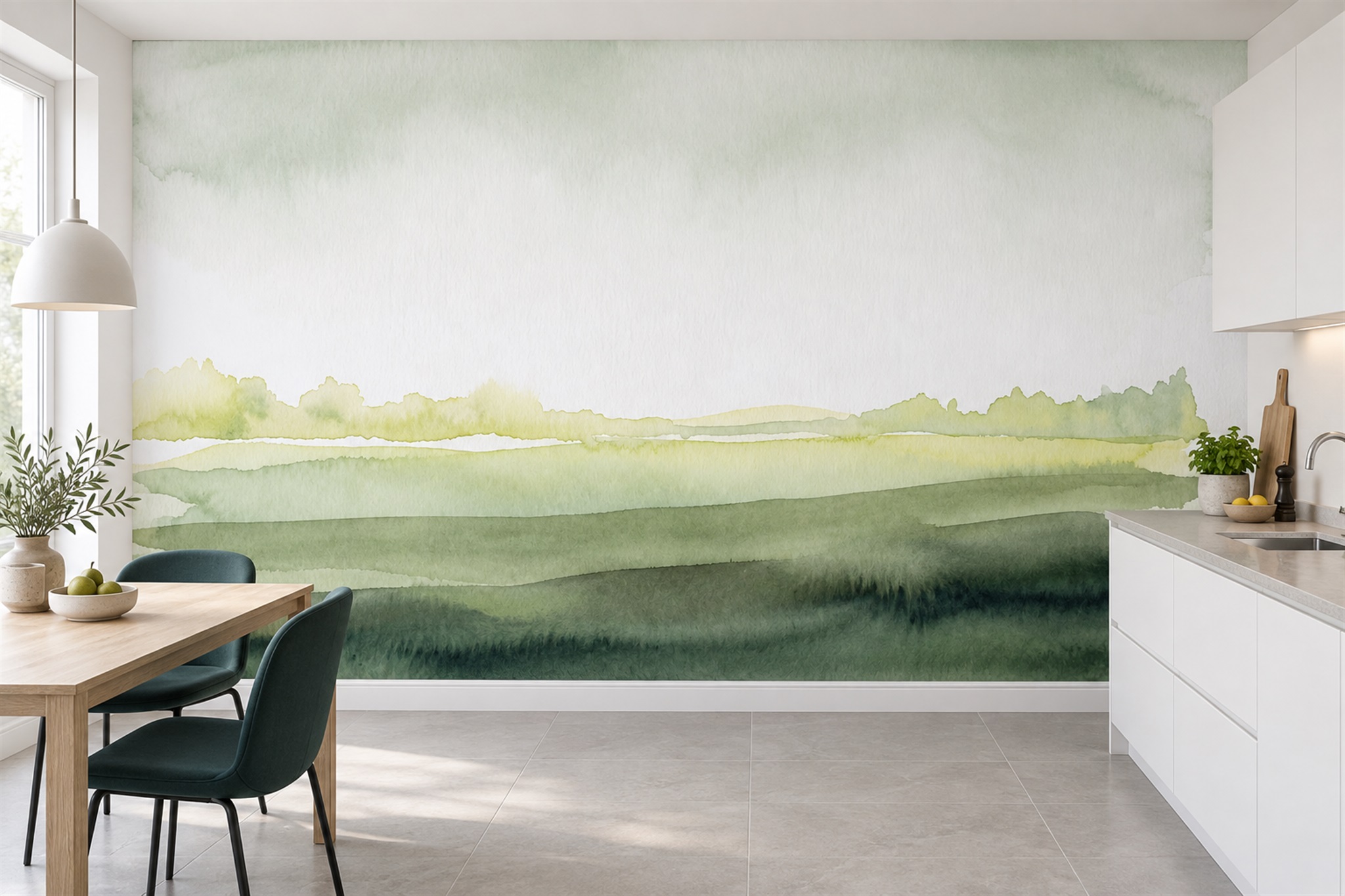 Green layered landscape mural behind a dining table beside open kitchen cabinetry