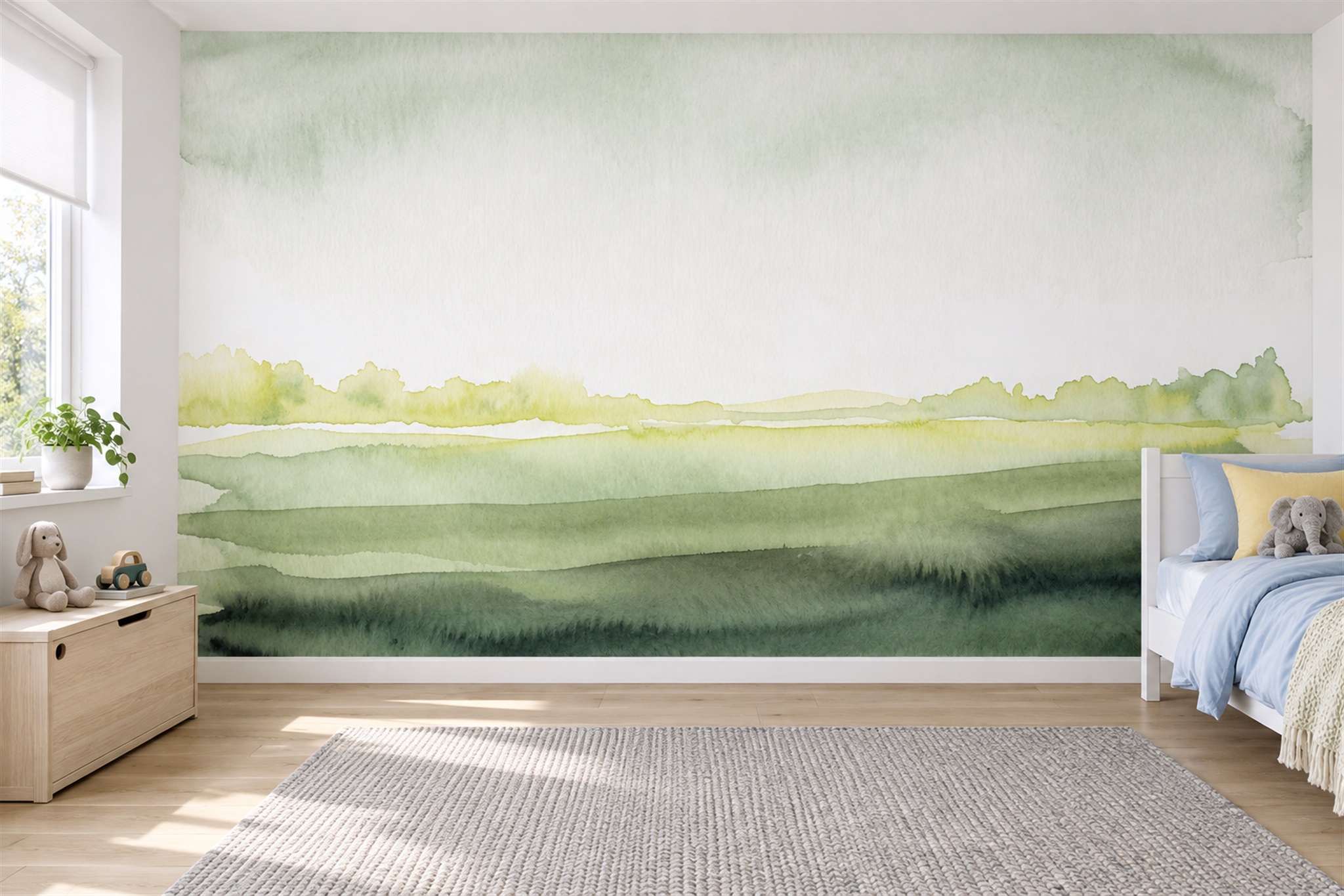 Sage Green Layered Hills Watercolour Wallpaper Mural — Wallpaper Mural Design, Peel-and-stick Finish