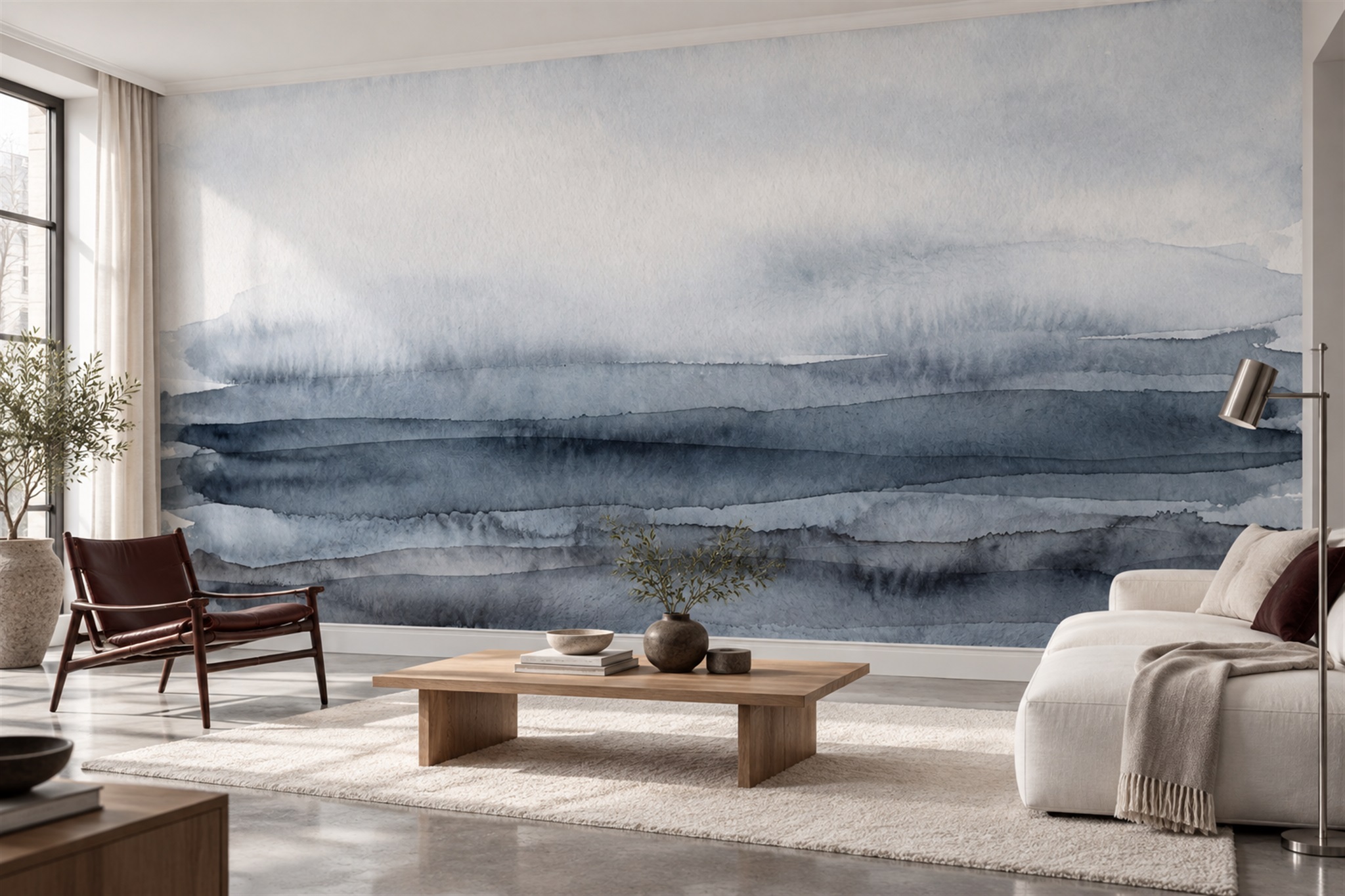 Living room with broad blue-grey watercolour bands fading into a pale wall