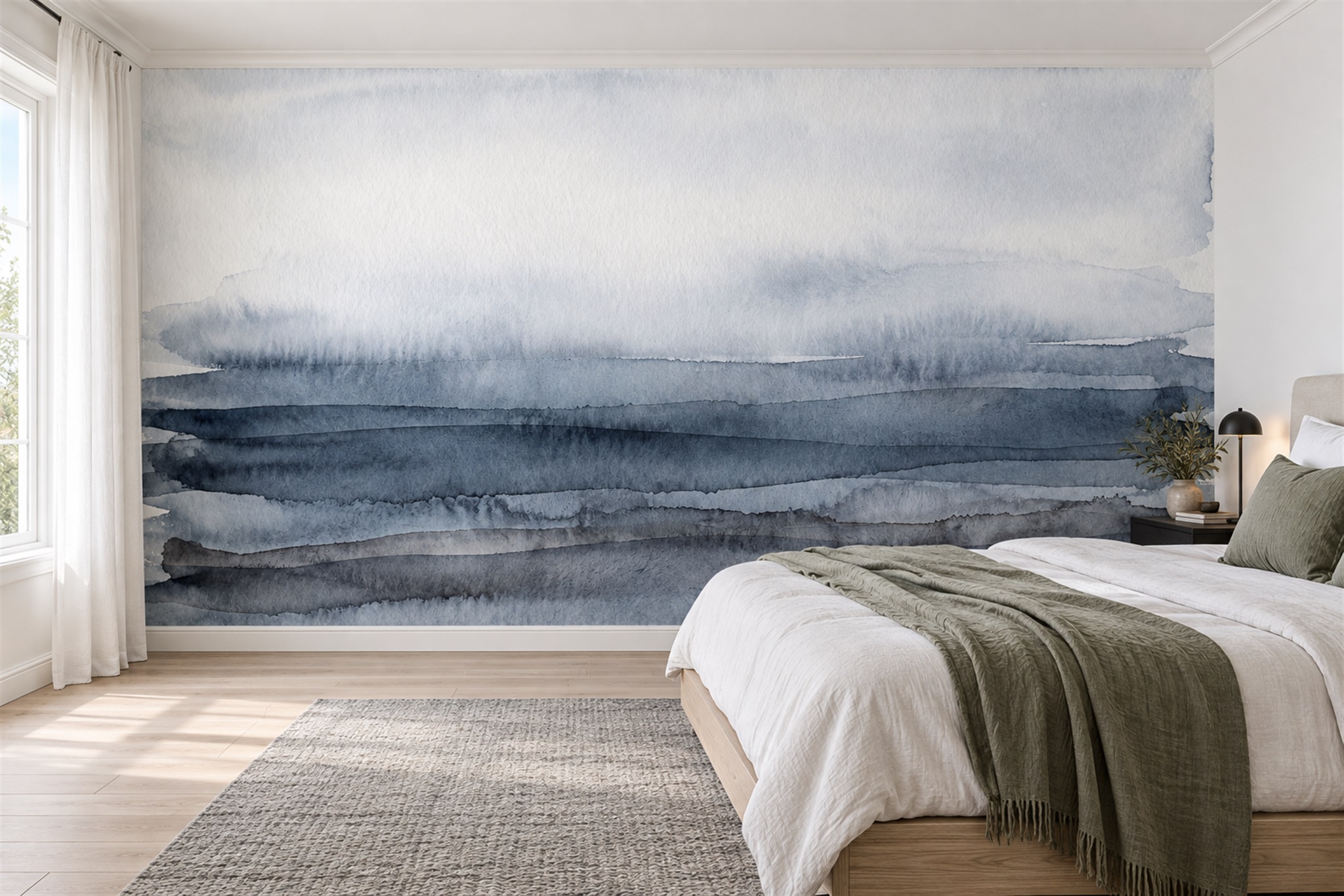 Blue Washed Artful Wallpaper Mural Bedroom-wallpaper-murals, Peel-and-stick Finish