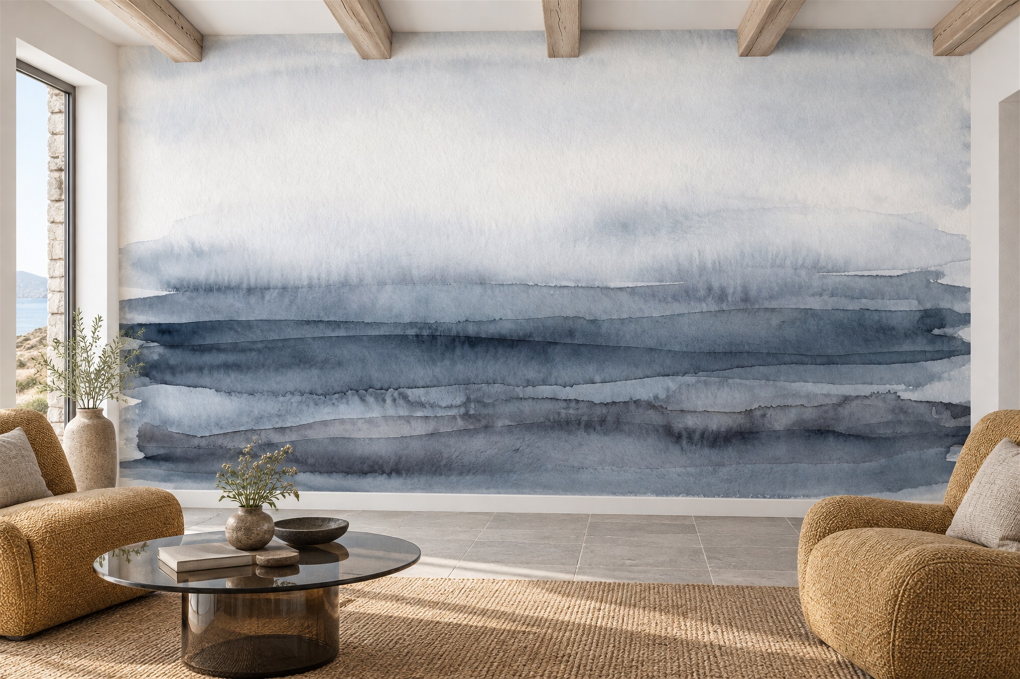 Slate Blue Watercolour Wash In Horizontal Bands Wallpaper Mural — Wallpaper Mural Design, Peel-and-stick Finish