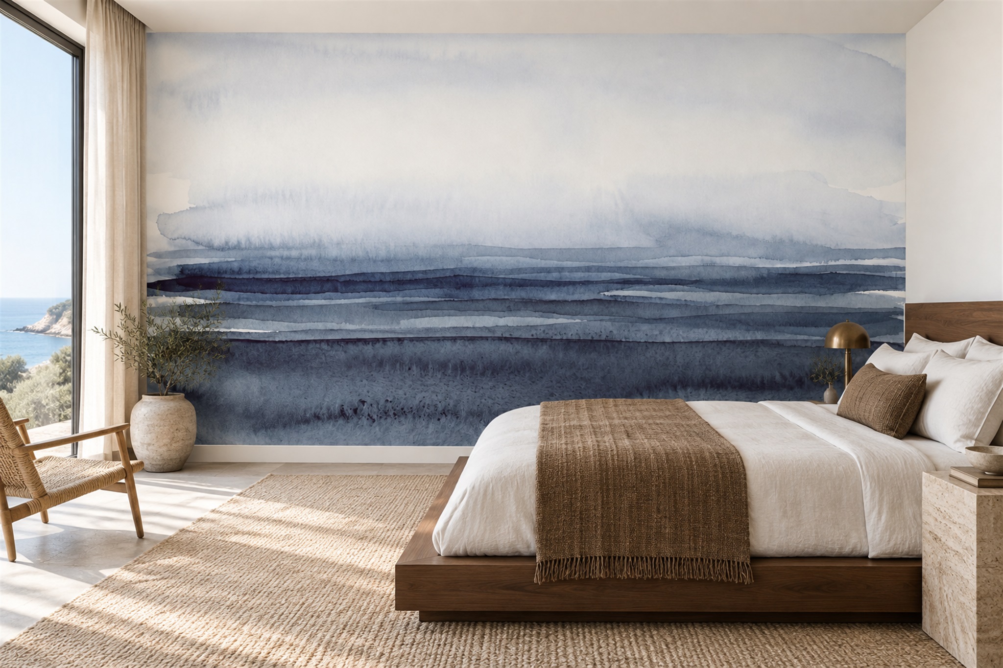 Navy Sea Landscape Wallpaper Mural, Shown In A Bedroom, Peel-and-stick Finish