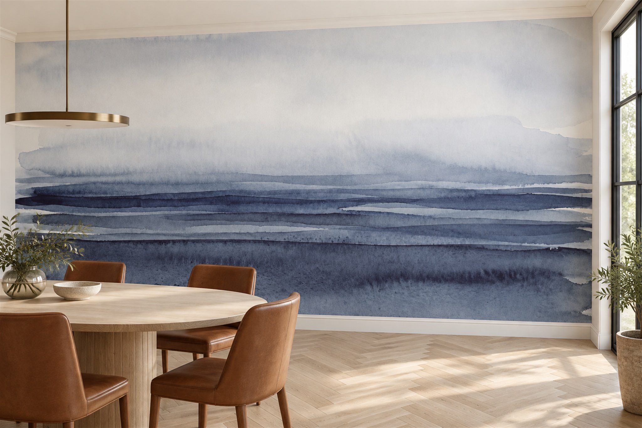 Navy Sea Landscape Wallpaper Mural, Shown In A Dining Room, Peel-and-stick Finish