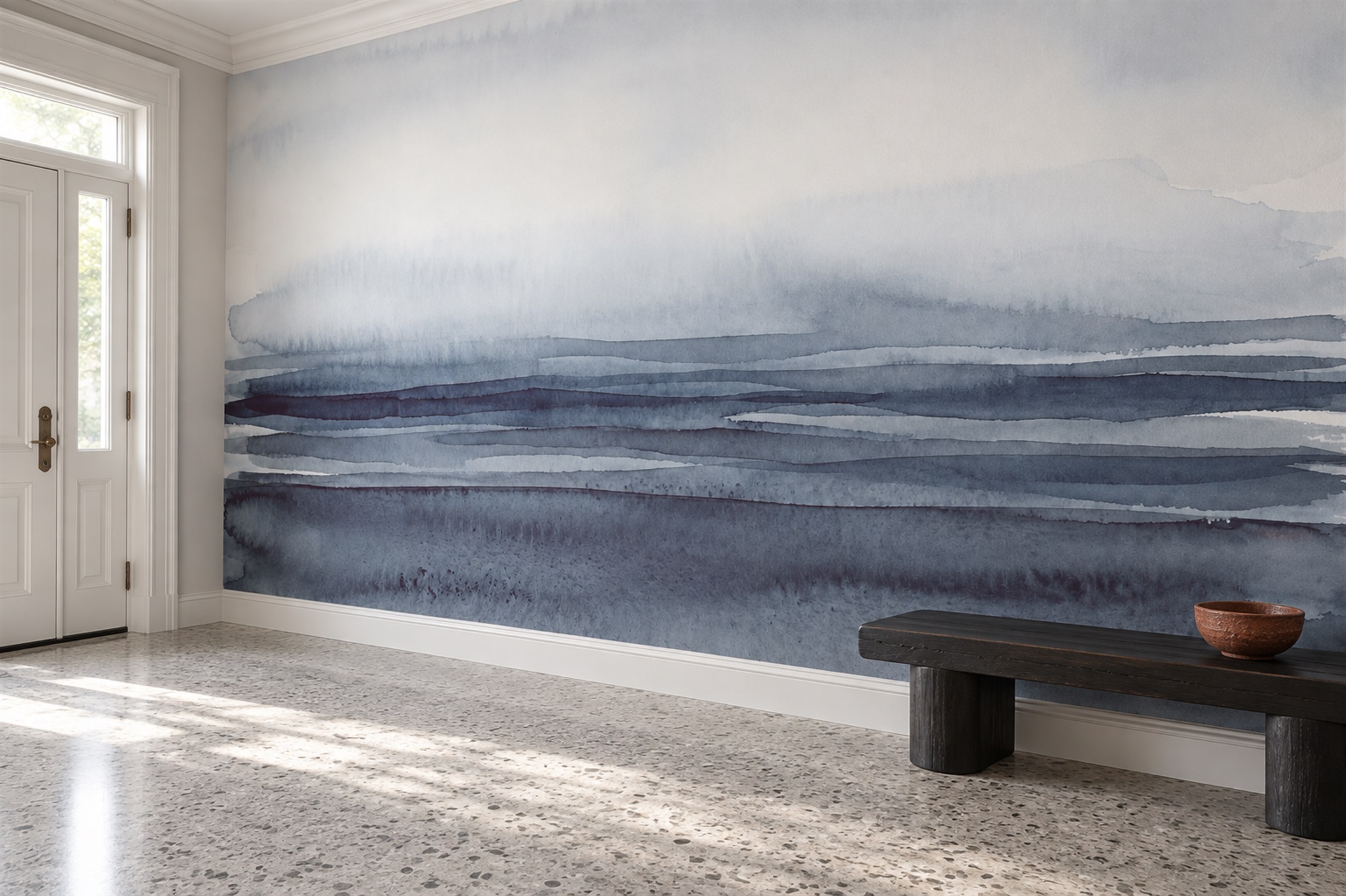 Navy Sea Landscape Wallpaper Mural, Shown In A Bedroom, Peel-and-stick Finish