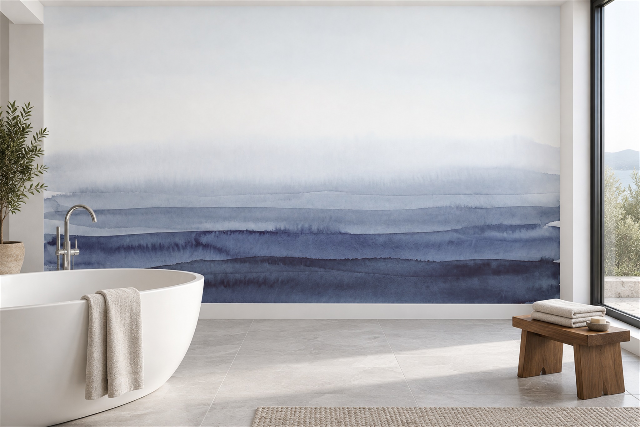Blue Hills Scenic Wallpaper Mural Bathroom-wallpaper-murals, Peel-and-stick Finish