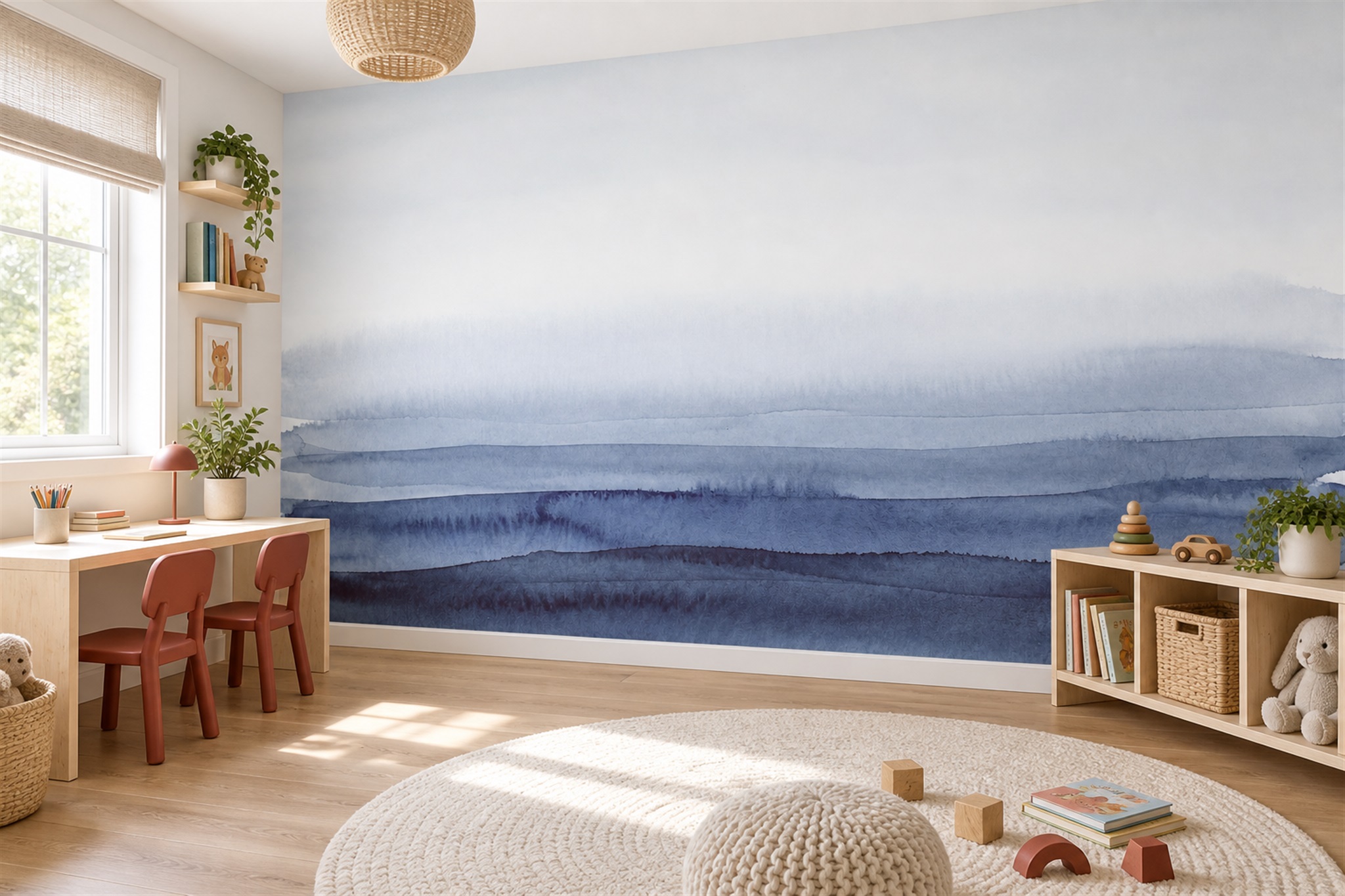 Blue-grey Layered Watercolour Abstract Wallpaper Mural — Installed Wallpaper Mural In A Home Office, Peel-and-stick Finish