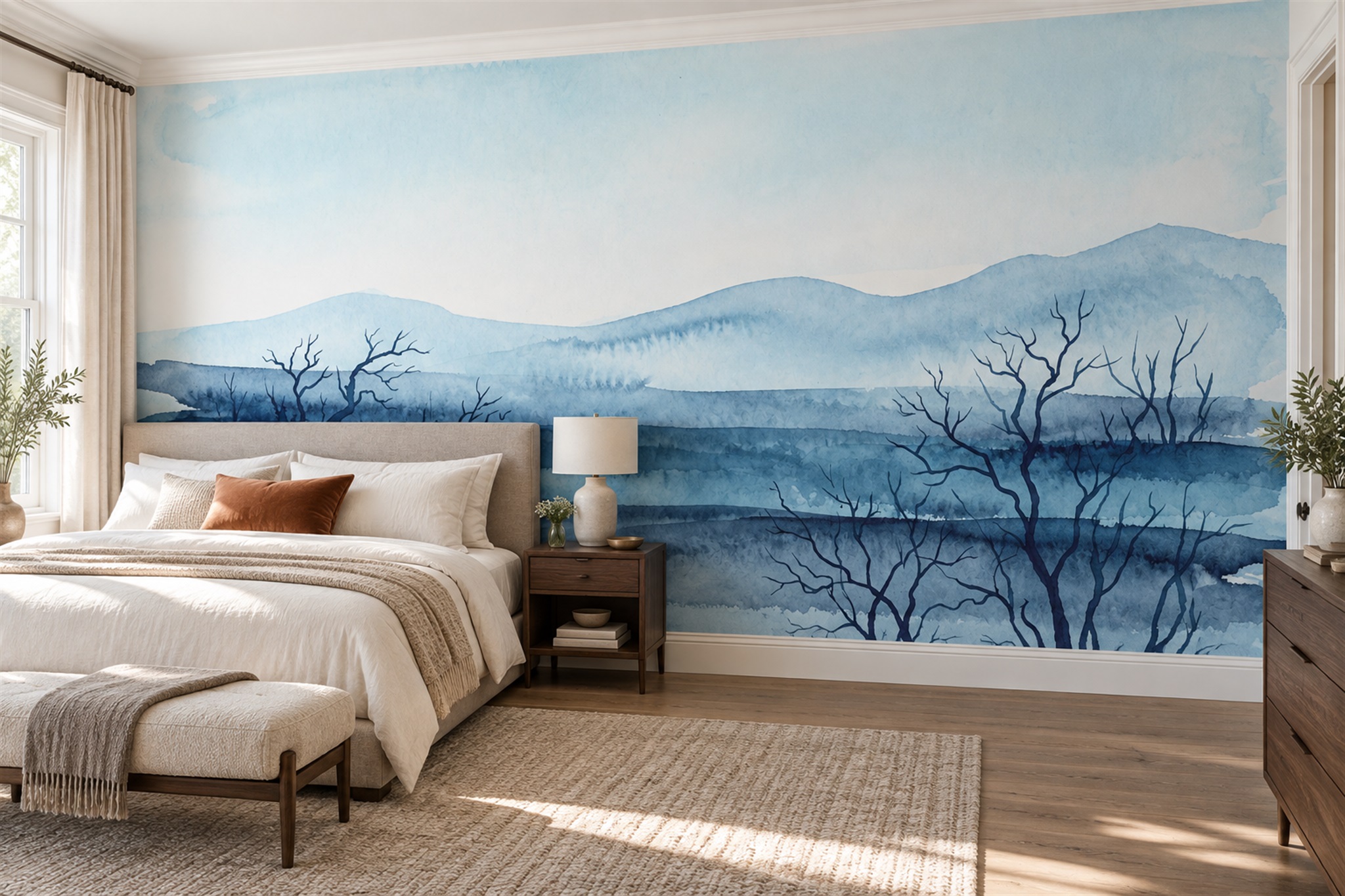 What Mural Wallpaper Works Best Behind a Bed? — installed wallpaper mural in a bedroom, peel-and-stick finish