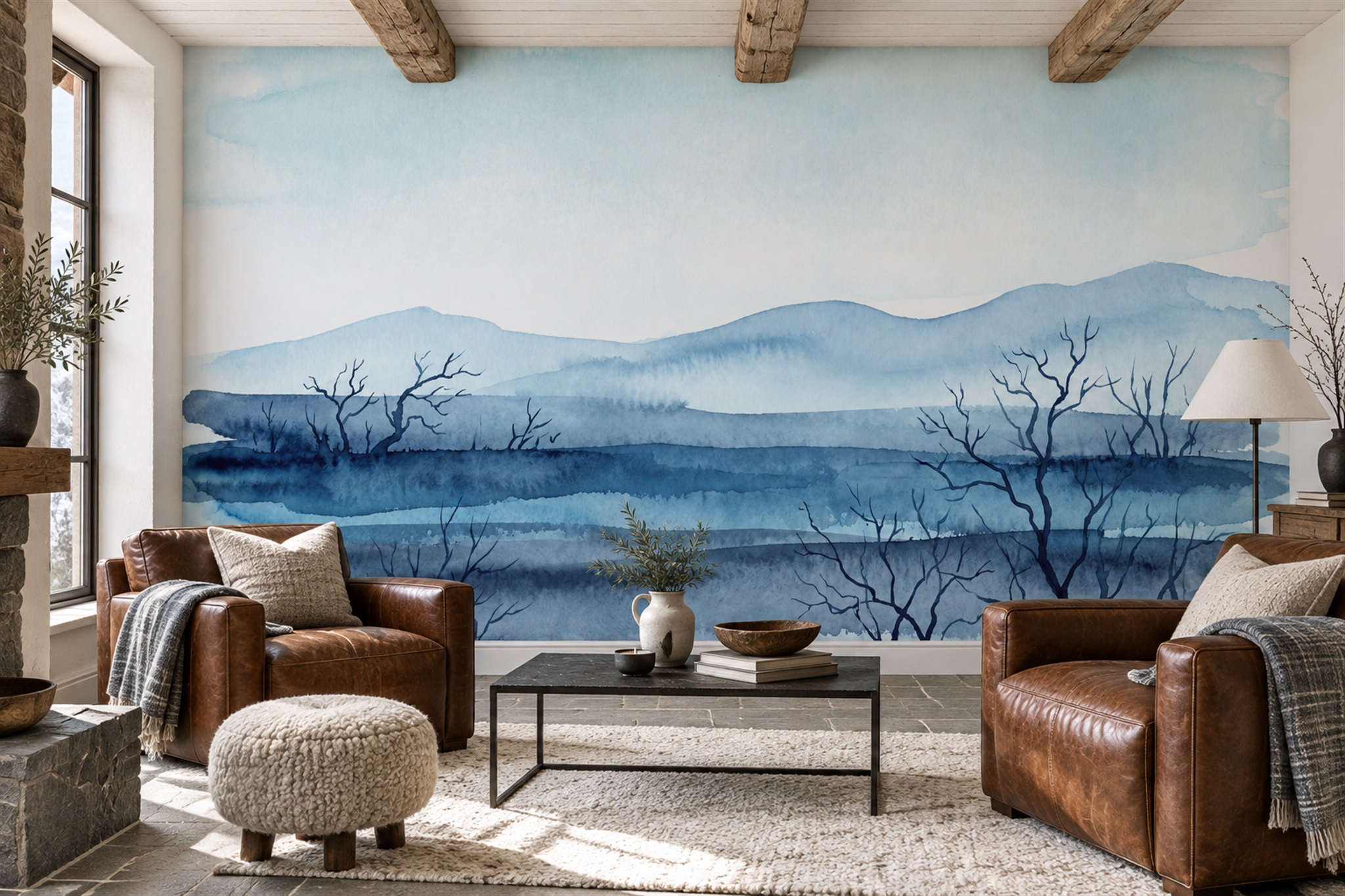 Blue Watercolour Mountain Lake With Bare Trees Wallpaper Mural — Wallpaper Mural Design, Peel-and-stick Finish