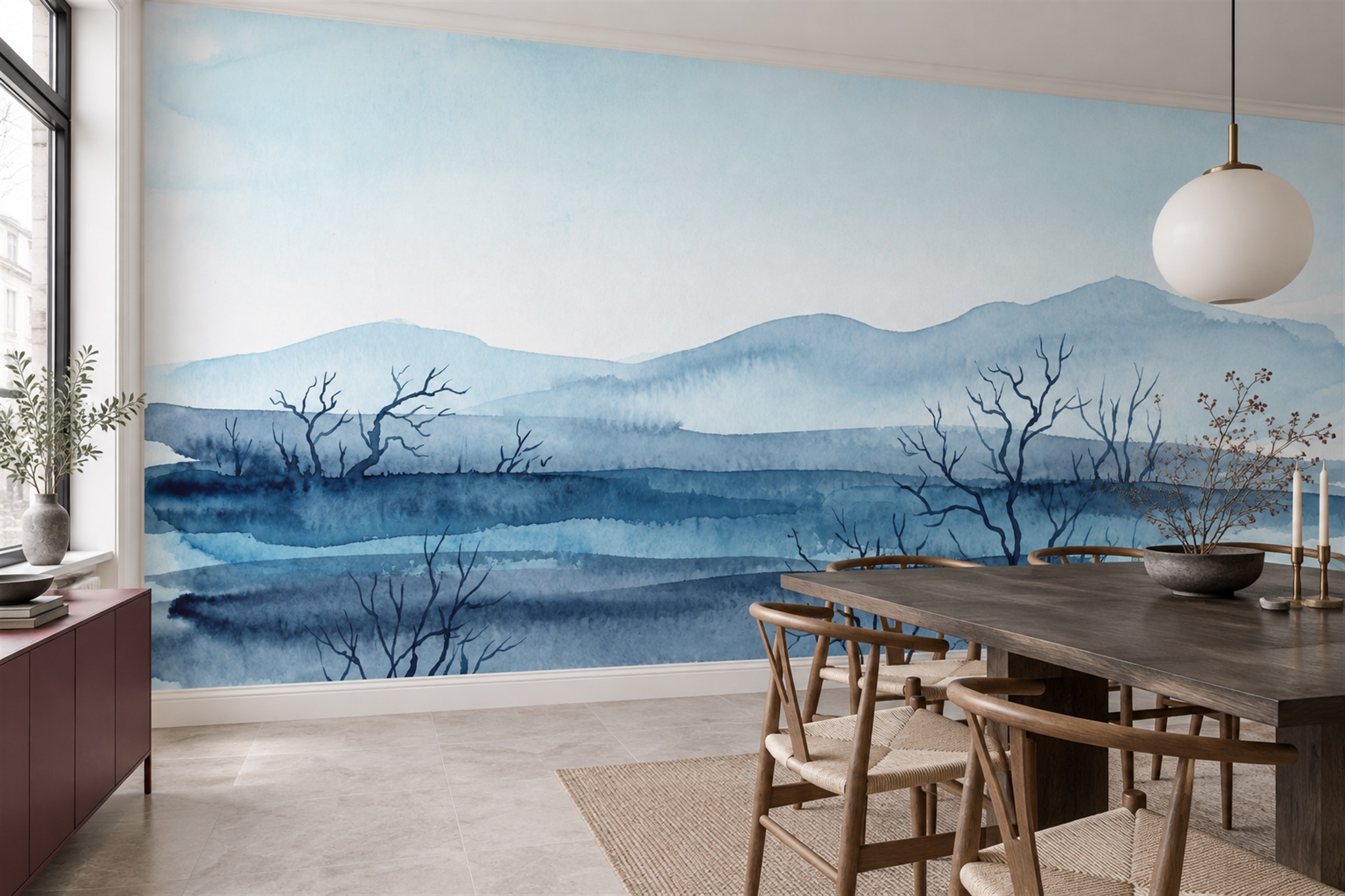Blue Lake Scenic Wallpaper Mural Feature-wall-wallpaper-murals, Peel-and-stick Finish