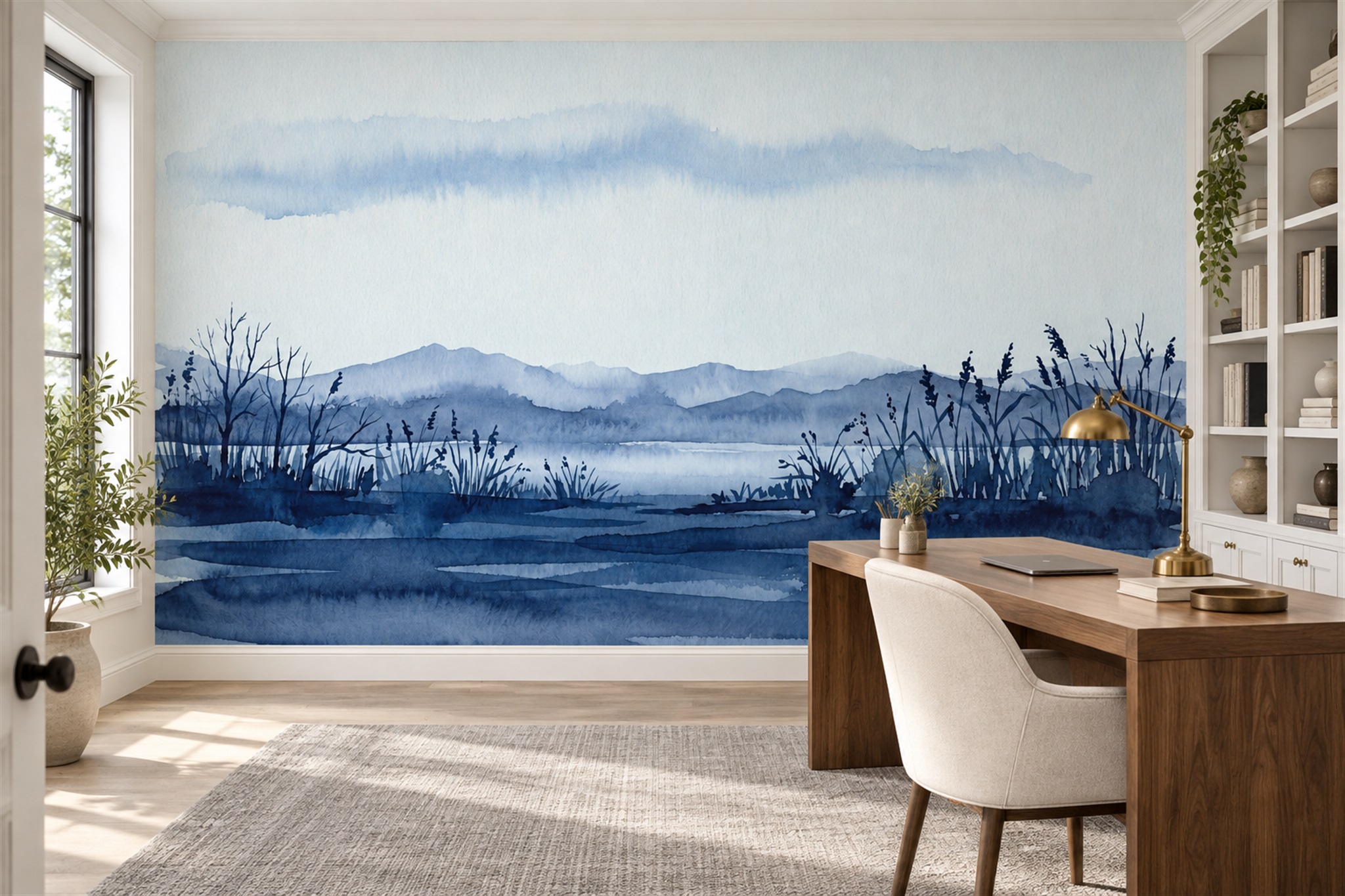 Navy Pattern Decorative Abstract Wallpaper Mural Office-wallpaper-murals, Shown In A Home Office, Peel-and-stick Finish