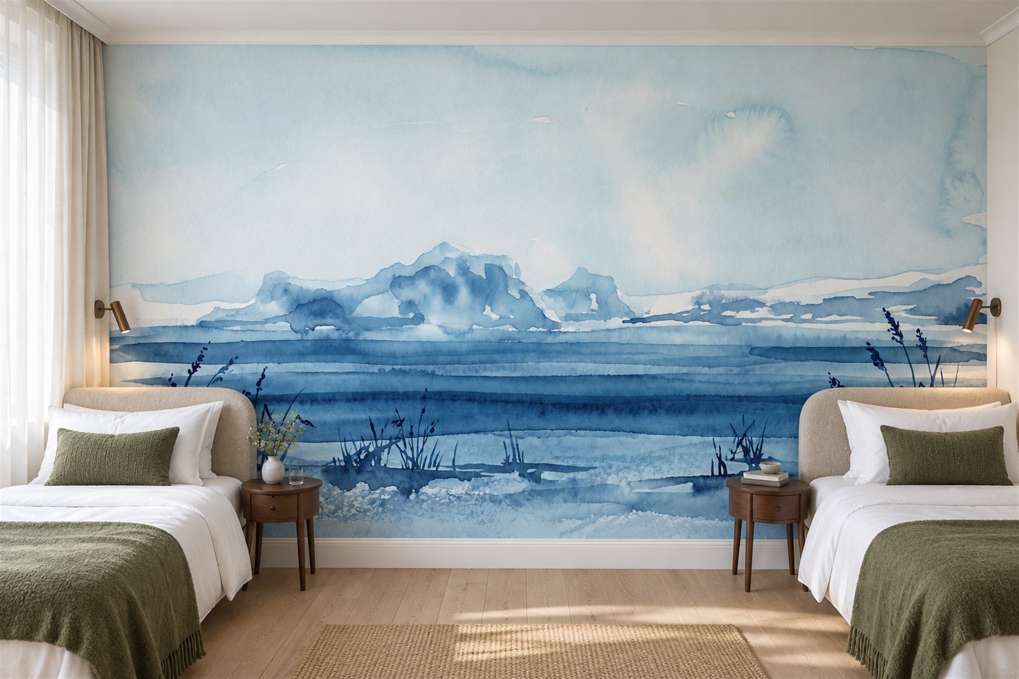 Can Mural Wallpaper Cover an Entire Wall? — installed wallpaper mural in a bedroom, peel-and-stick finish