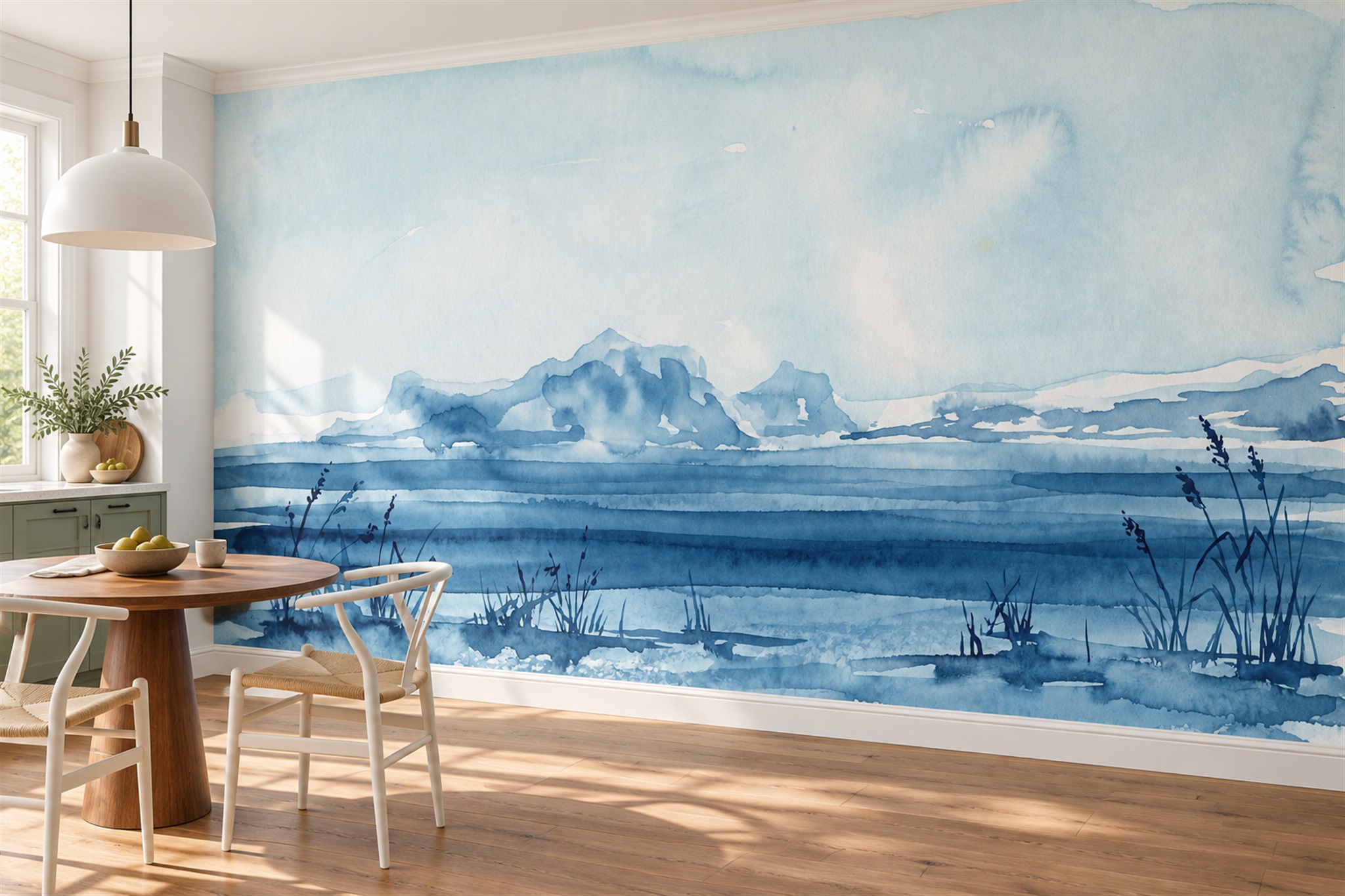 Blue Lake Scenic Decorative Wallpaper Mural Feature-wall-wallpaper-murals, Peel-and-stick Finish