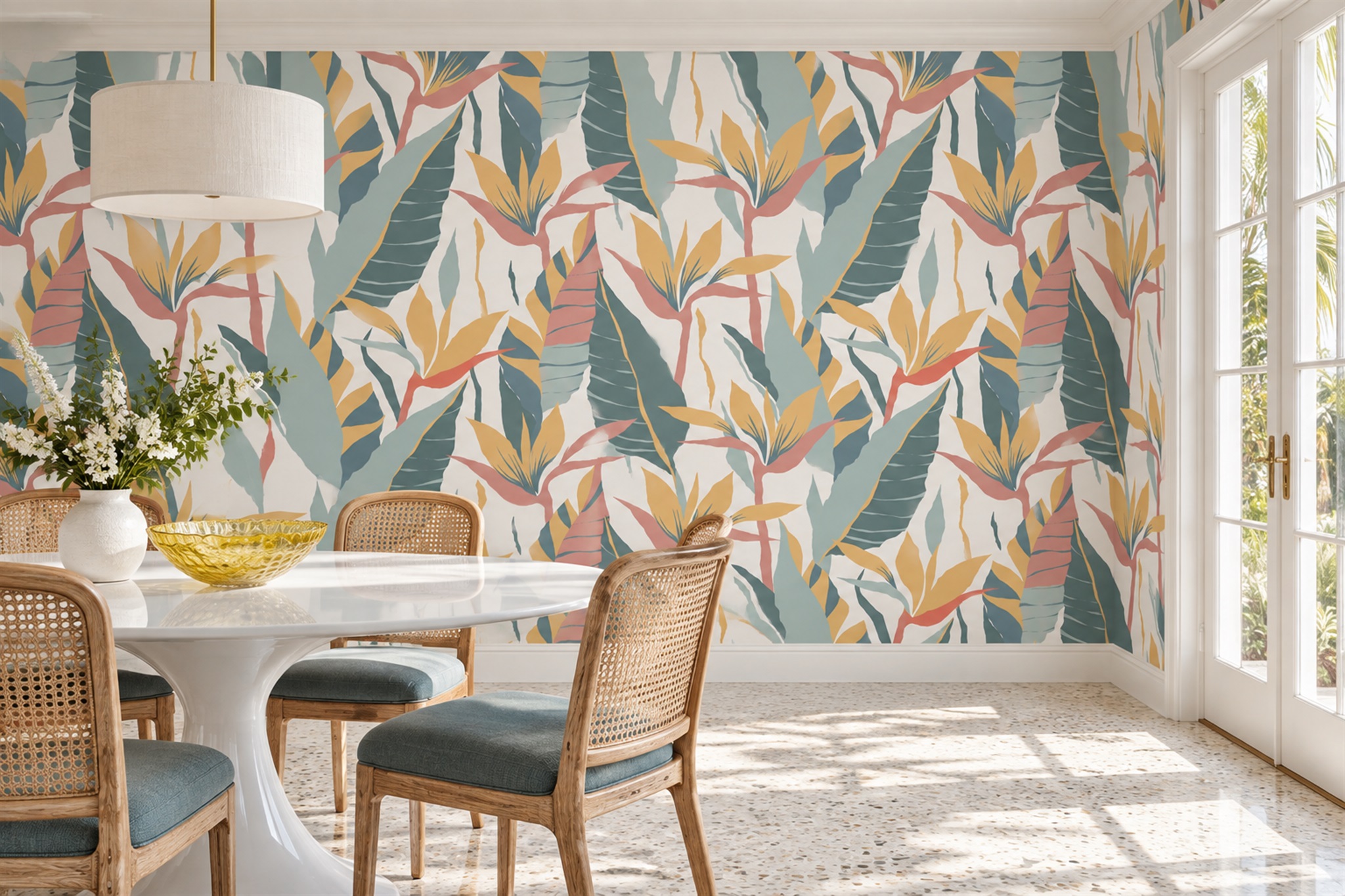 Teal Tropical Artful Wallpaper Mural Dining-room-wallpaper-murals, Shown In A Dining Room, Peel-and-stick Finish