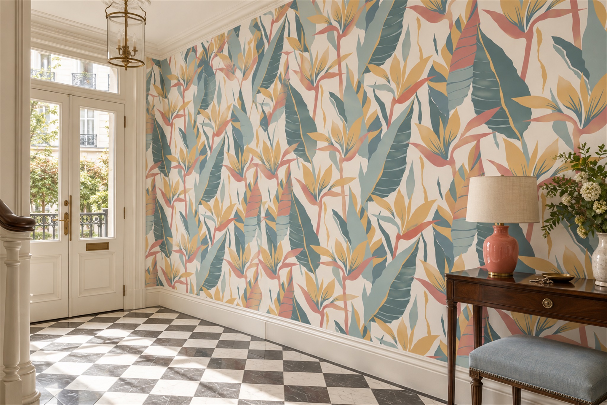 Teal Tropical Artful Wallpaper Mural Entryway-wallpaper-murals, Peel-and-stick Finish