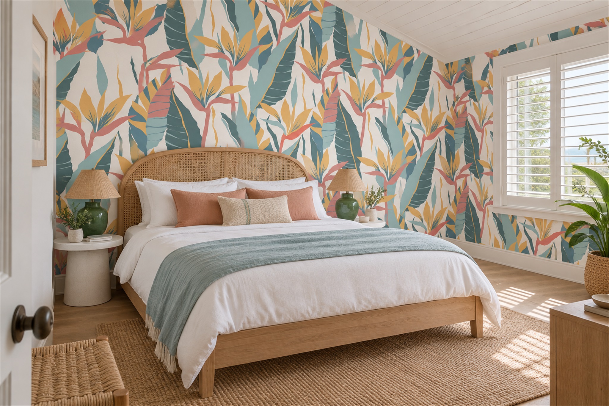 Teal And Coral Tropical Leaf Pattern Wallpaper Mural — Installed Wallpaper Mural In A Bedroom, Peel-and-stick Finish