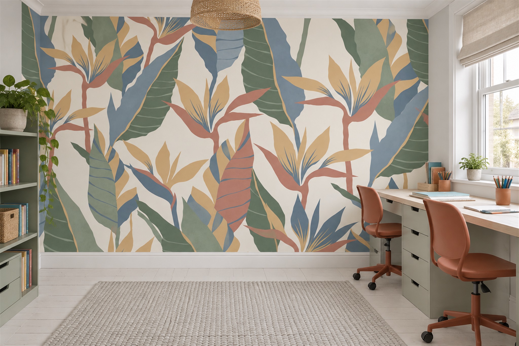 Clay Leaf Botanical Wallpaper Mural Office-wallpaper-murals, Shown In A Home Office, Peel-and-stick Finish