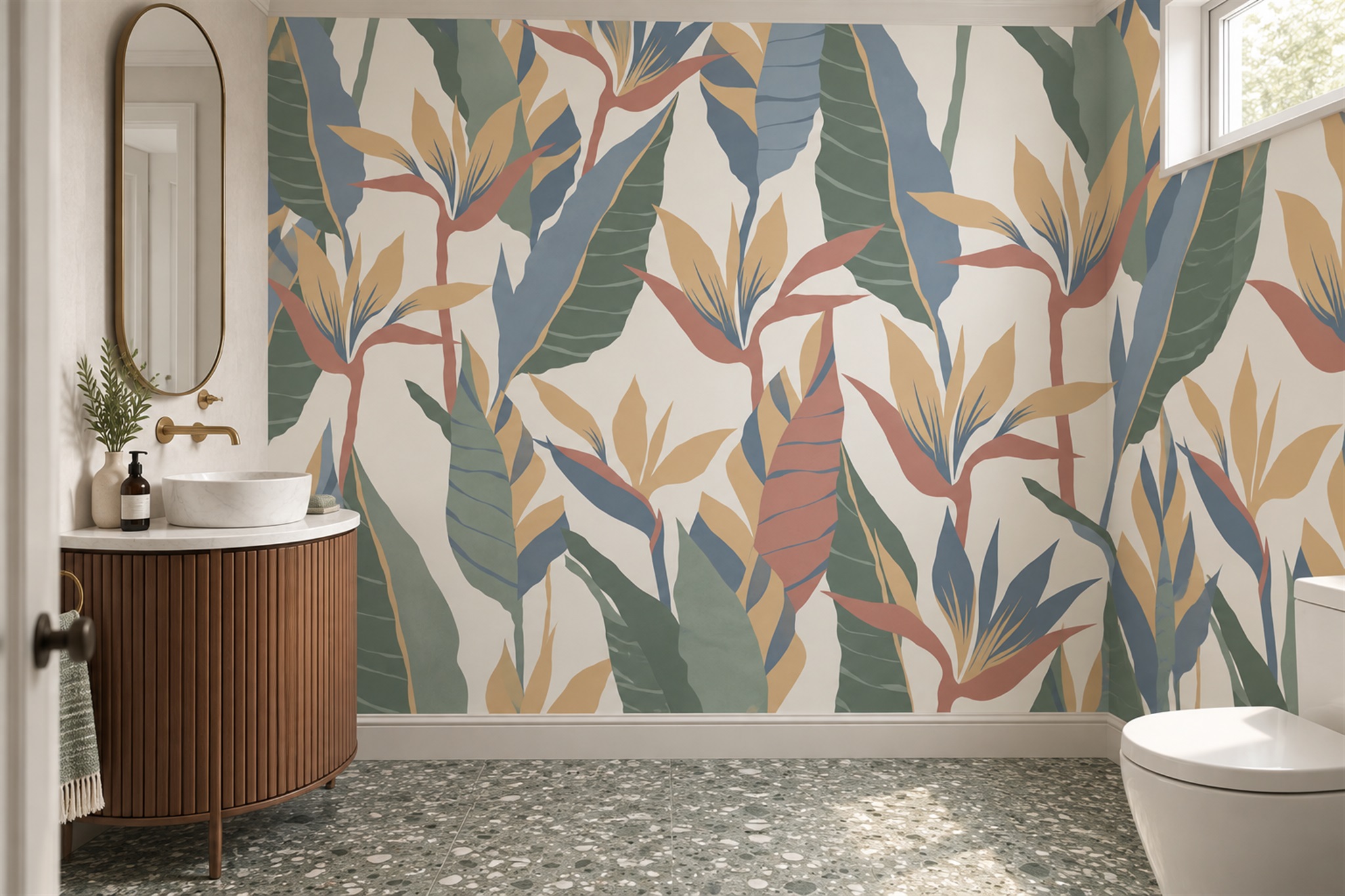 Clay Leaf Botanical Wallpaper Mural Powder-room-wallpaper-murals, Peel-and-stick Finish