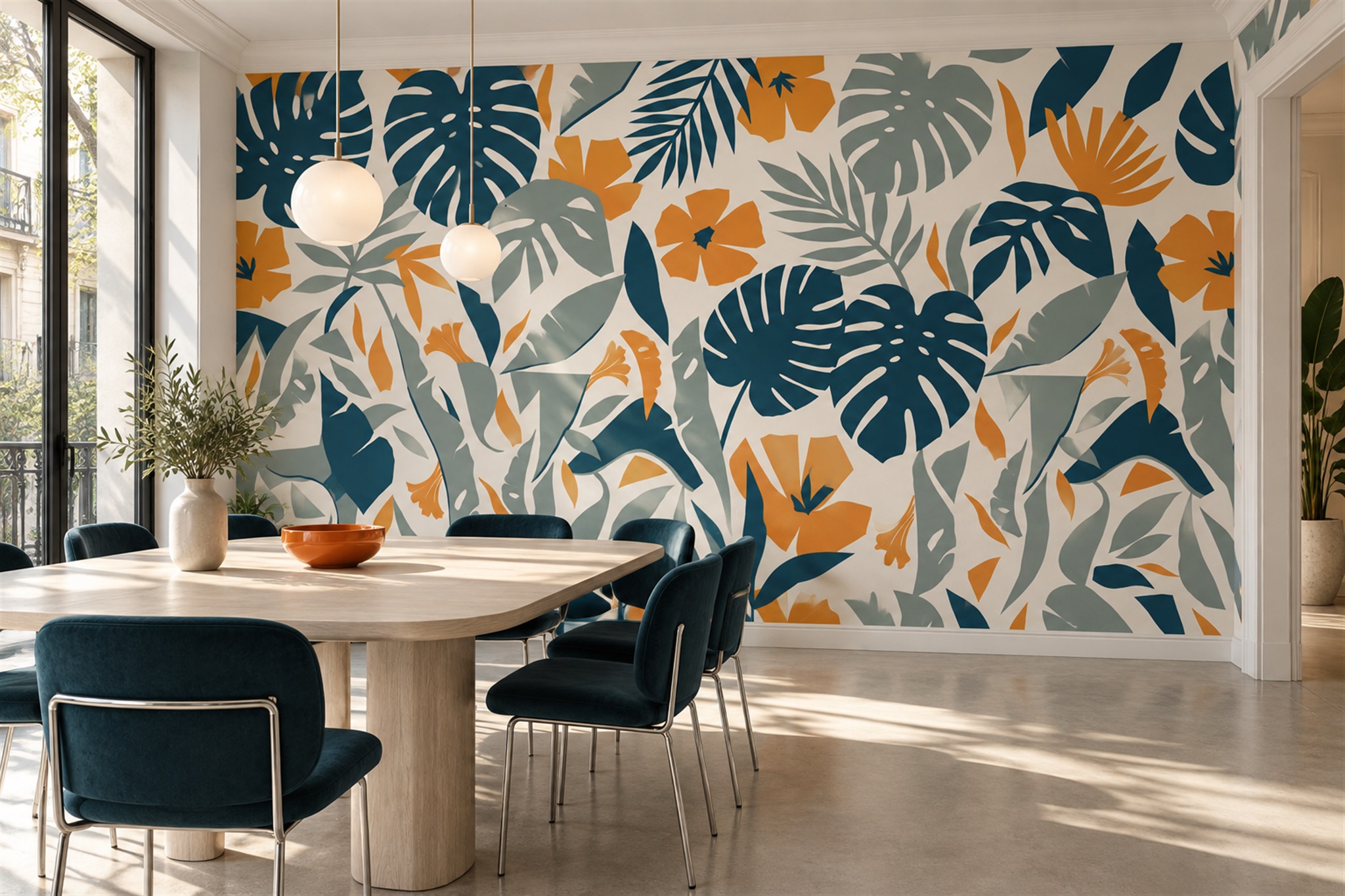 Teal Pattern Decorative Abstract Wallpaper Mural Dining-room-wallpaper-murals, Shown In A Dining Room, Peel-and-stick Finish