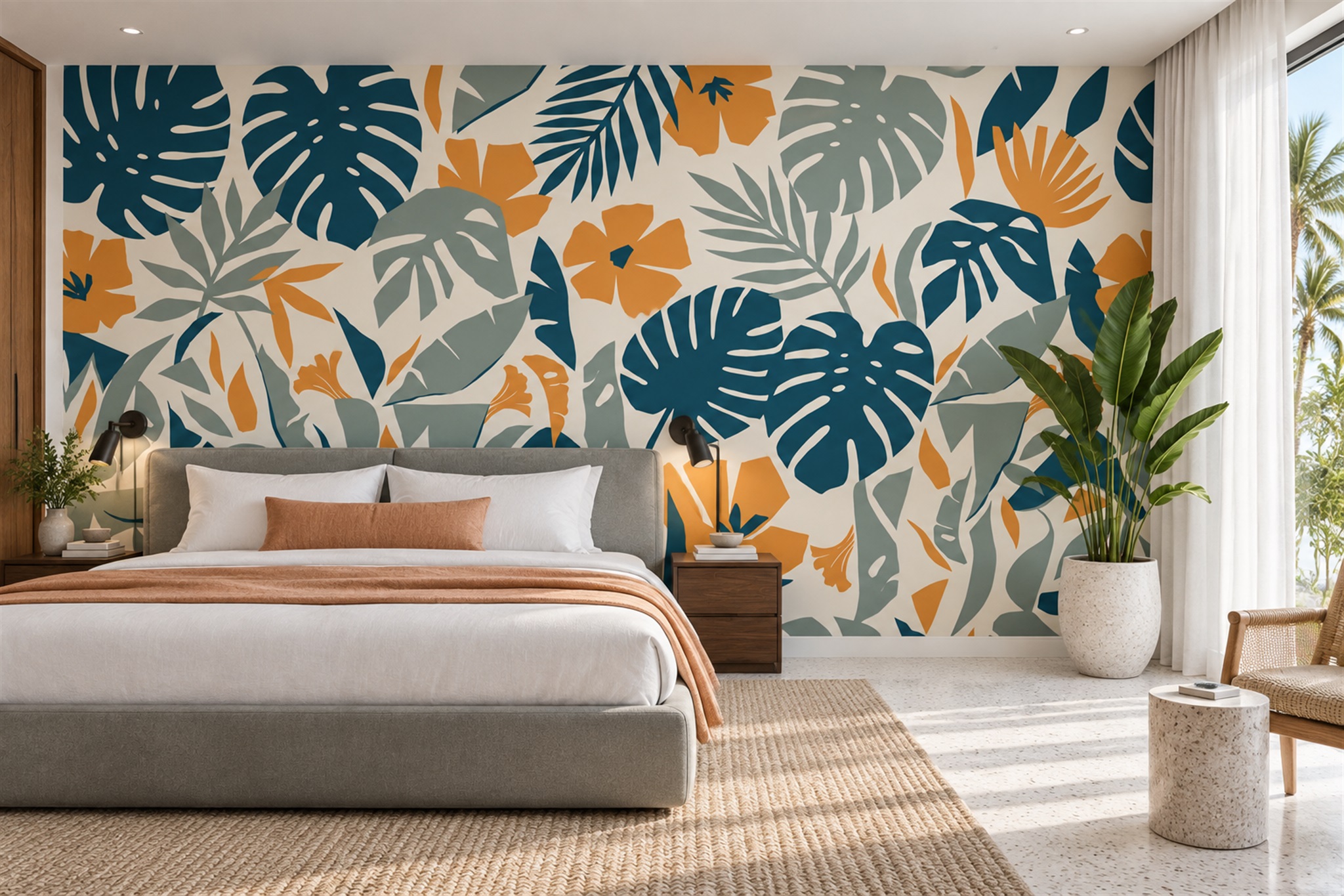 Teal, Ochre And Sage Tropical Leaf Pattern Wallpaper Mural — Installed Wallpaper Mural In A Bedroom, Peel-and-stick Finish