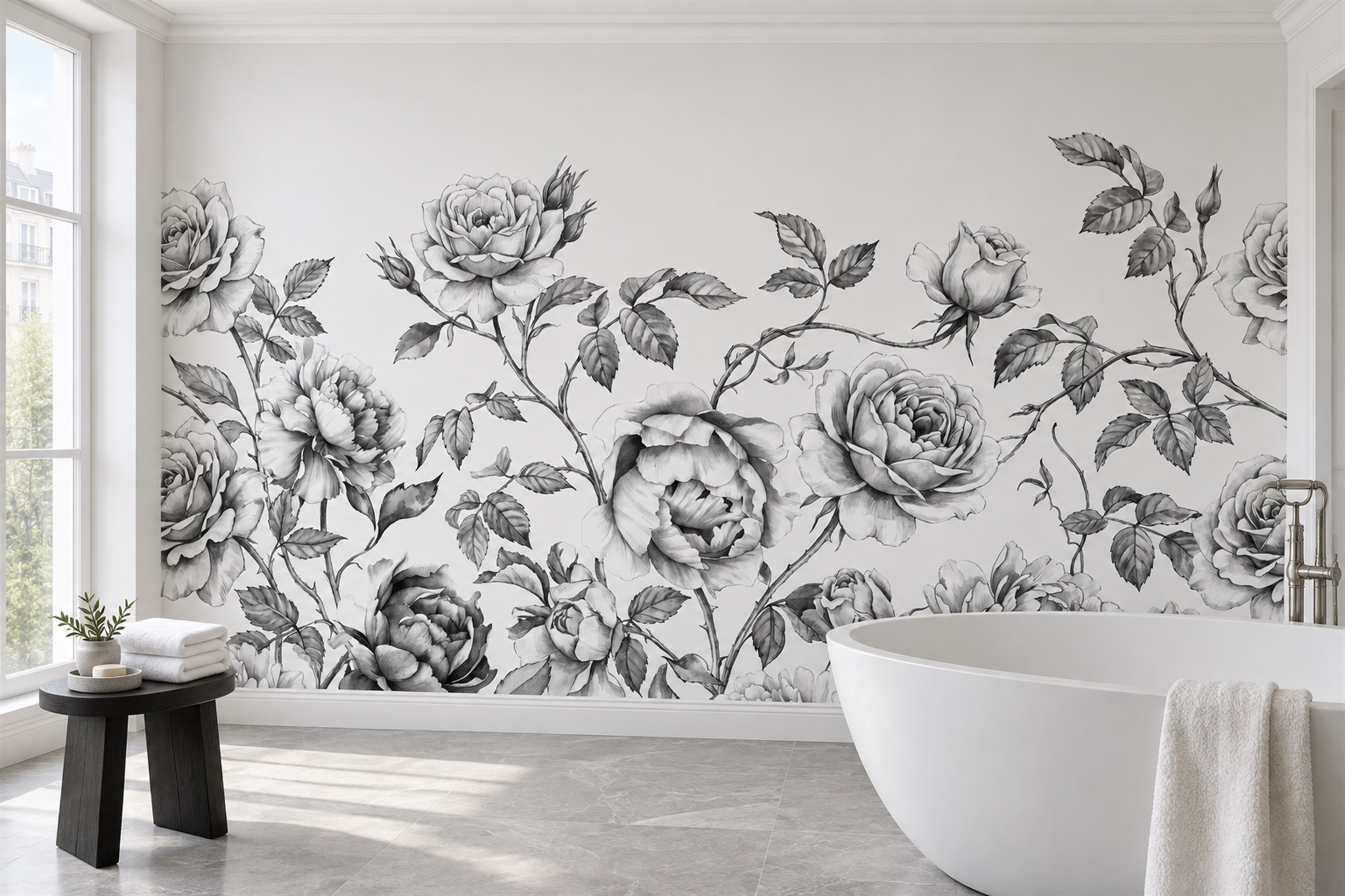 Black Rose Botanical Wallpaper Mural Bathroom-wallpaper-murals, Peel-and-stick Finish