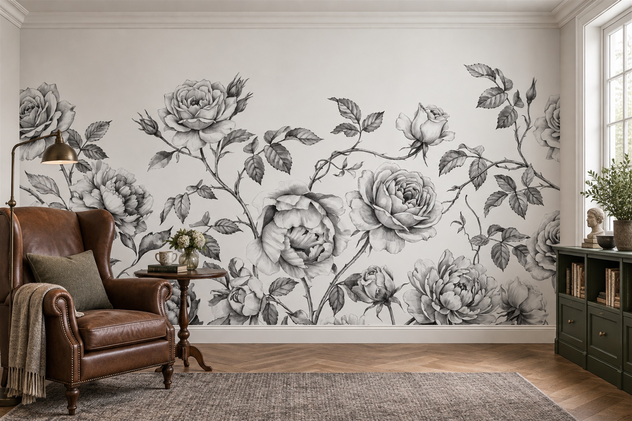 Monochrome Roses And Leaves Botanical Wallpaper Mural — Installed Wallpaper Mural In A Home Office, Peel-and-stick Finish