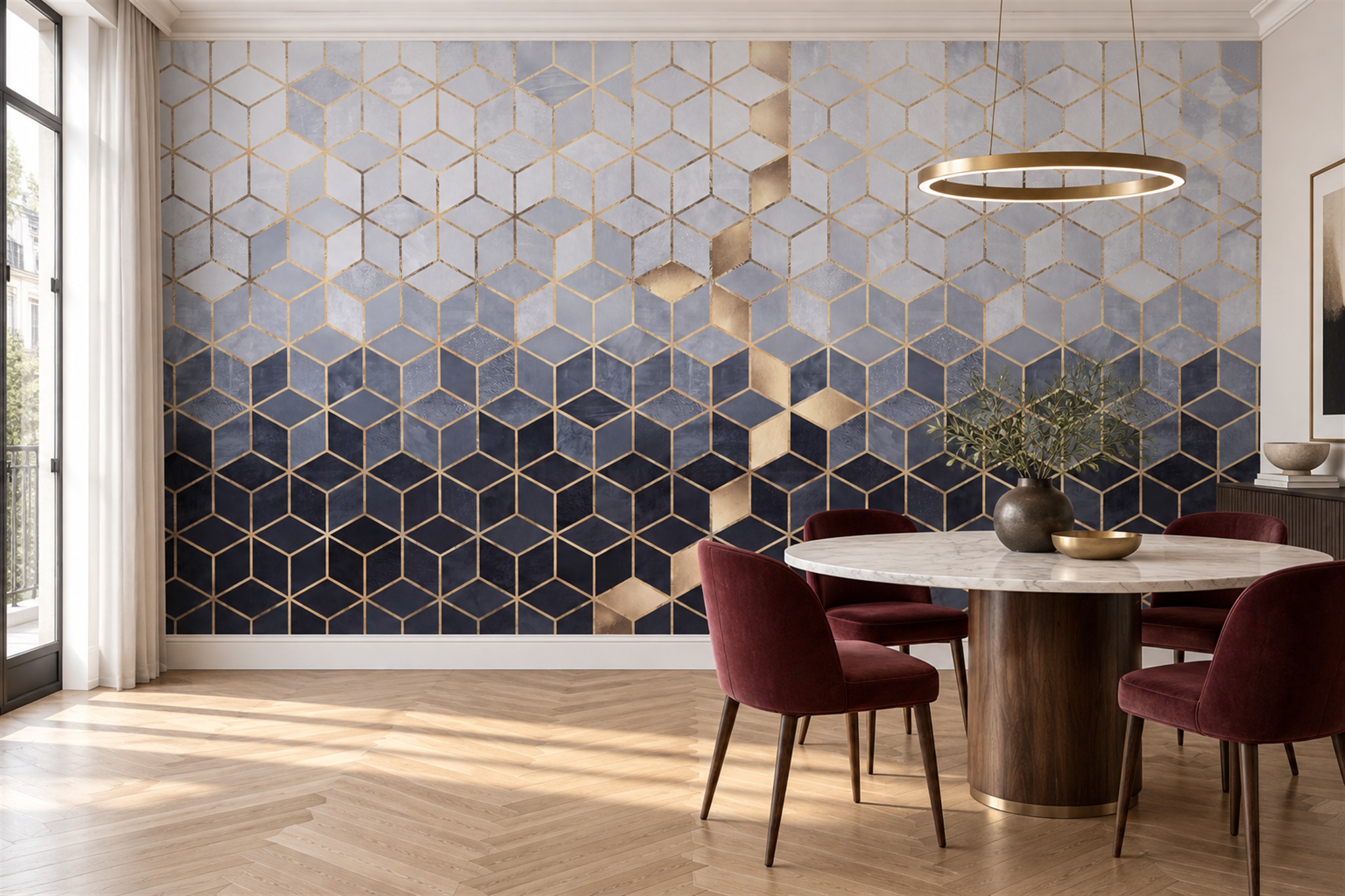 Navy Pattern Decorative Layered Wallpaper Mural Dining-room-wallpaper-murals, Shown In A Dining Room, Peel-and-stick Finish
