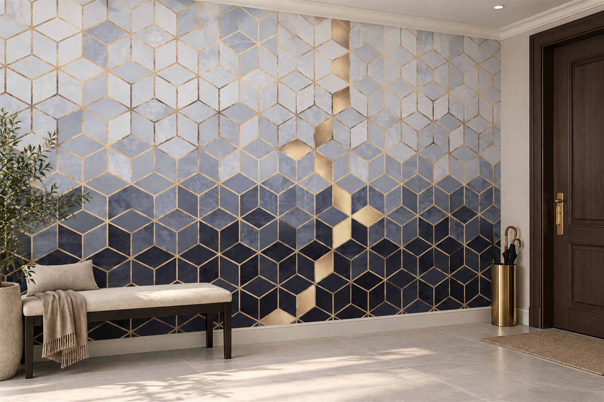 Navy Pattern Decorative Layered Wallpaper Mural Entryway-wallpaper-murals, Peel-and-stick Finish