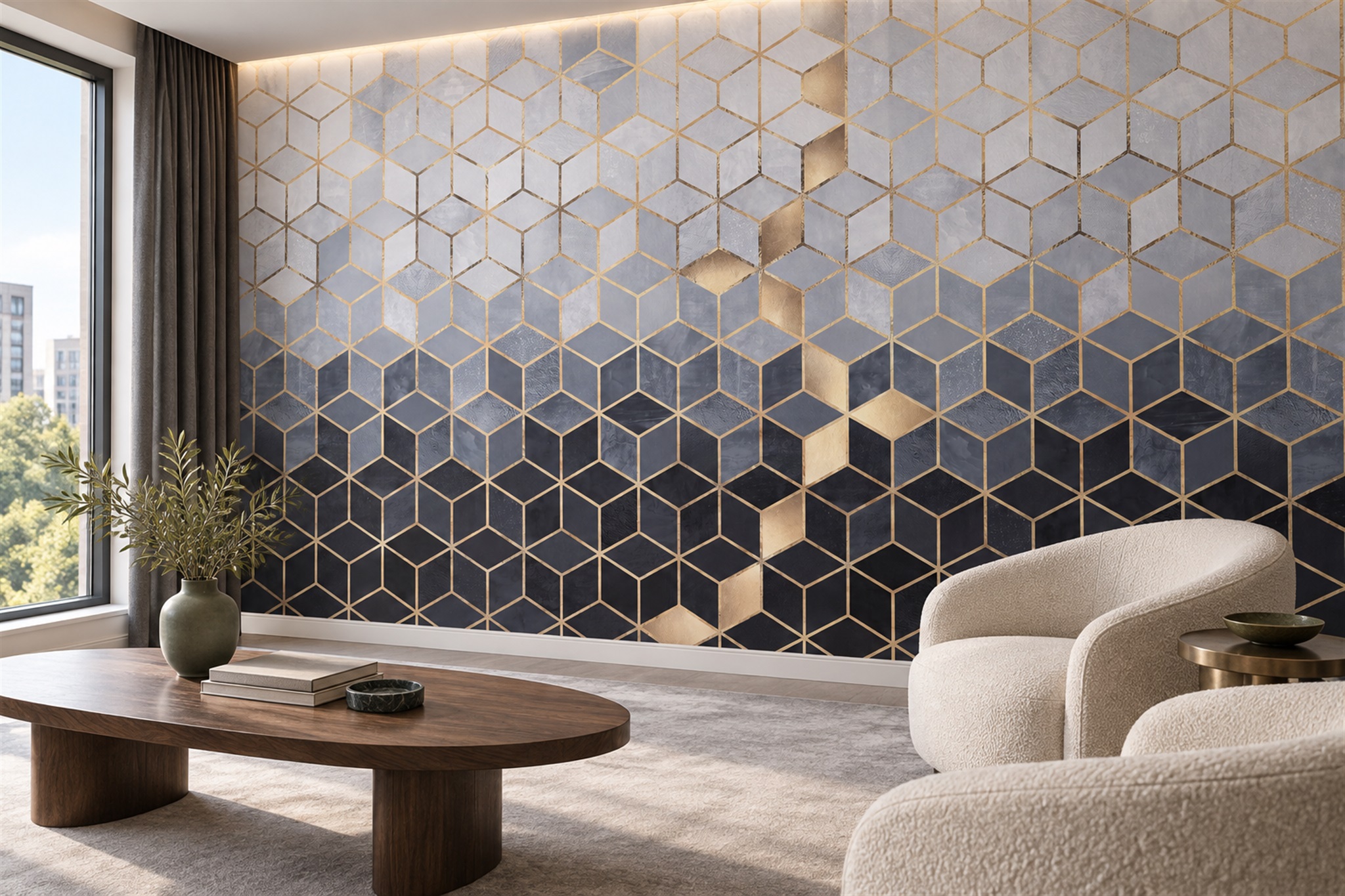 Navy Pattern Decorative Layered Wallpaper Mural Accent-wall-wallpaper-murals, Peel-and-stick Finish