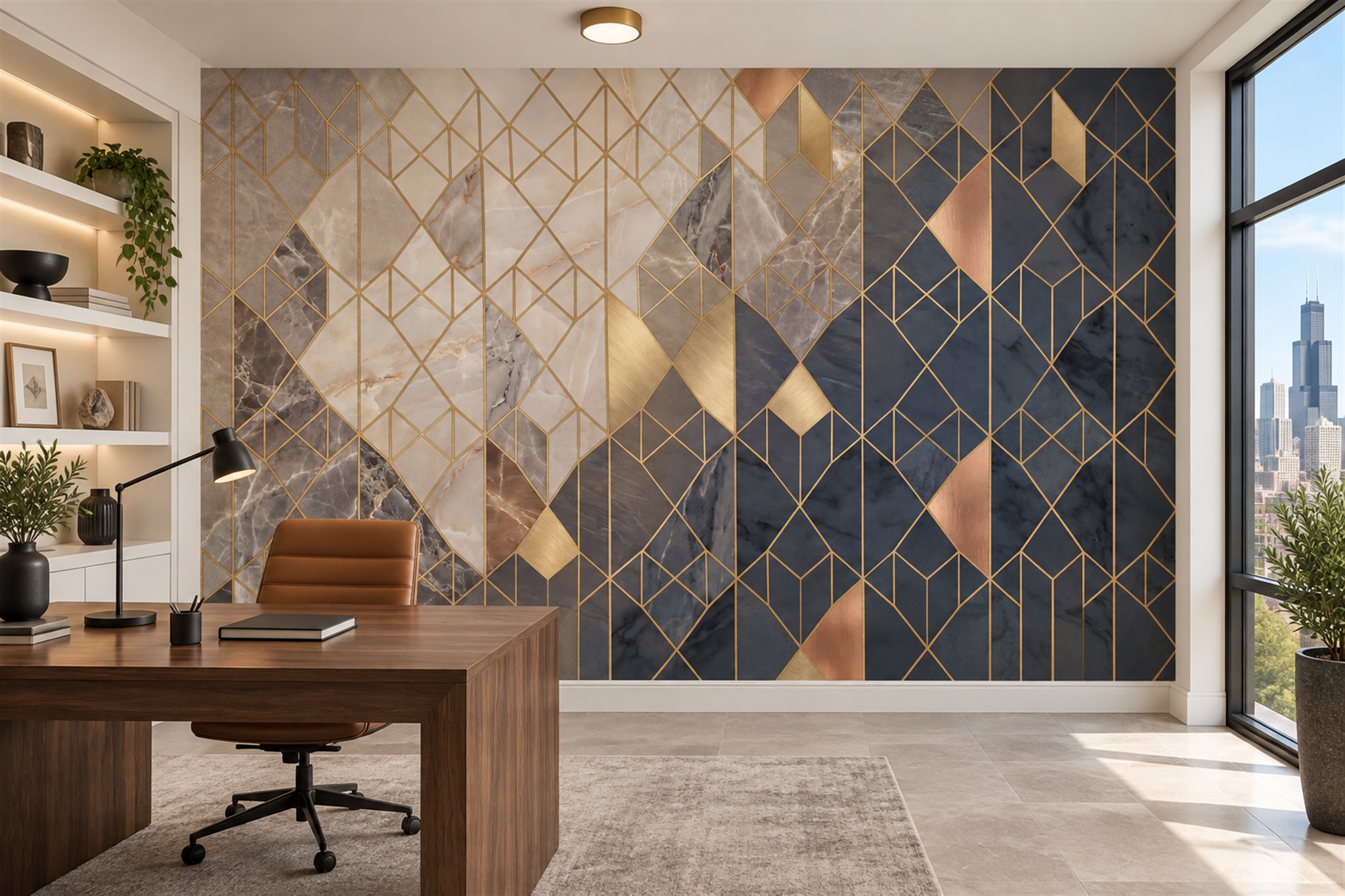 Navy Pattern Decorative Painterly Wallpaper Mural Office-wallpaper-murals, Shown In A Home Office, Peel-and-stick Finish