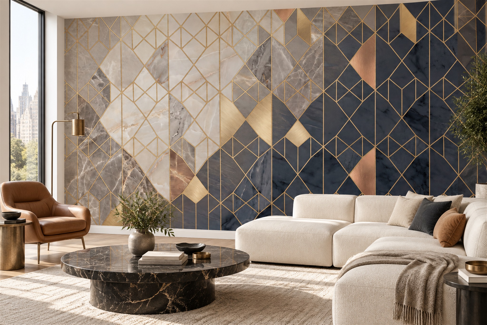Navy Pattern Decorative Painterly Wallpaper Mural Accent-wall-wallpaper-murals, Peel-and-stick Finish