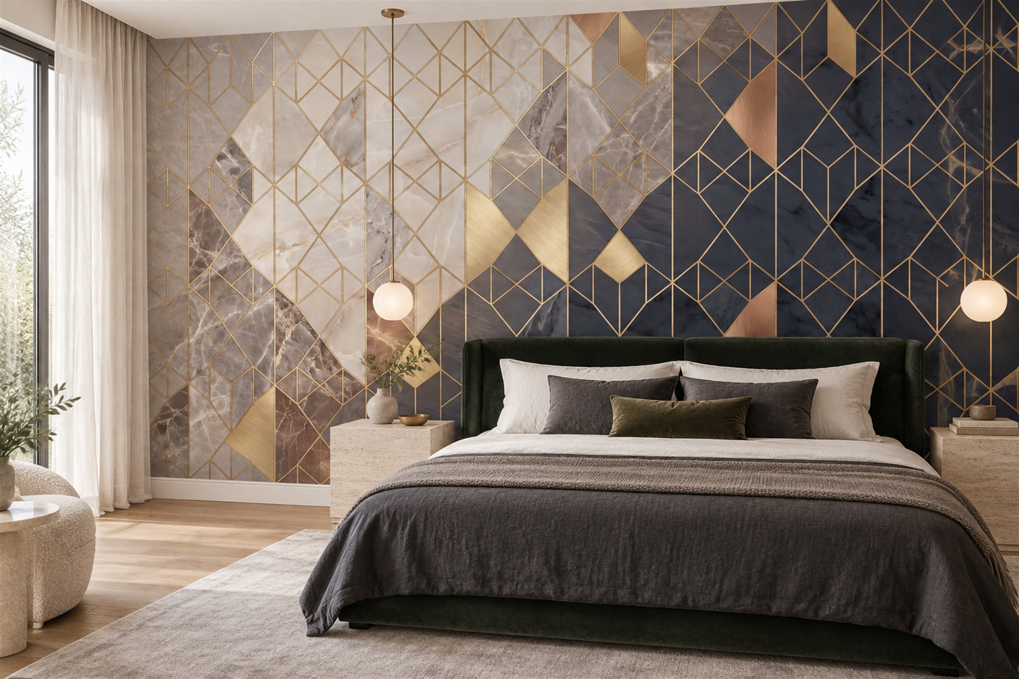 Navy Pattern Decorative Painterly Wallpaper Mural Bedroom-wallpaper-murals, Peel-and-stick Finish