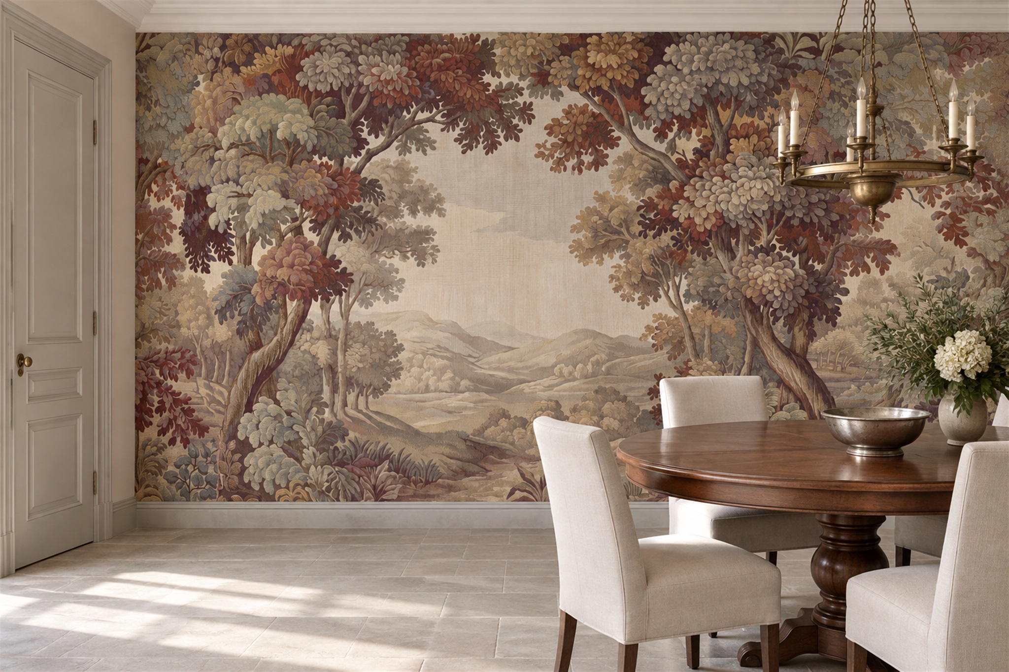 Which Mural Wallpaper Is Suitable for a Dining Room? — installed wallpaper mural in a dining room, peel-and-stick finish