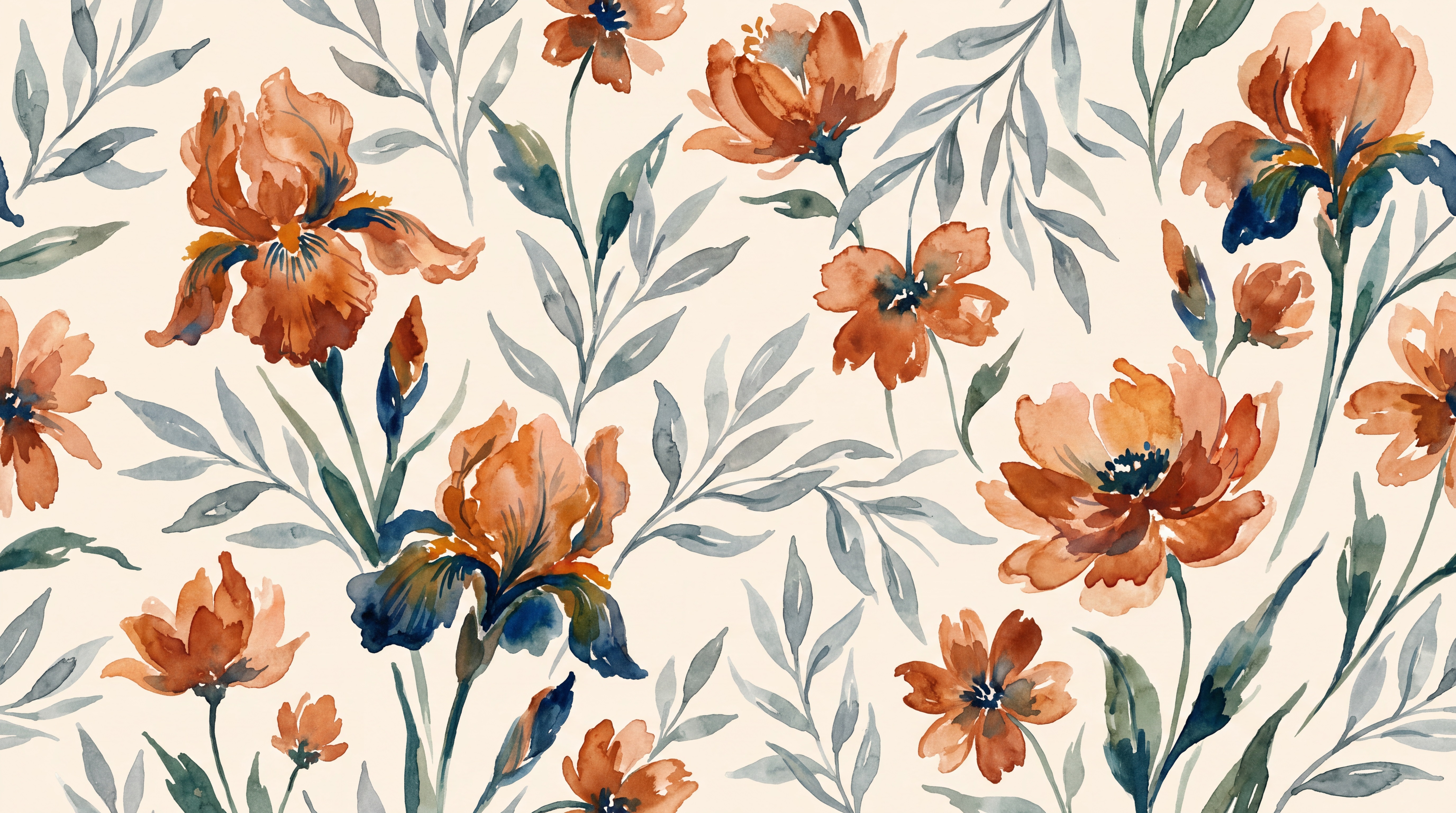 Flat watercolour artwork of orange flowers and blue-grey foliage