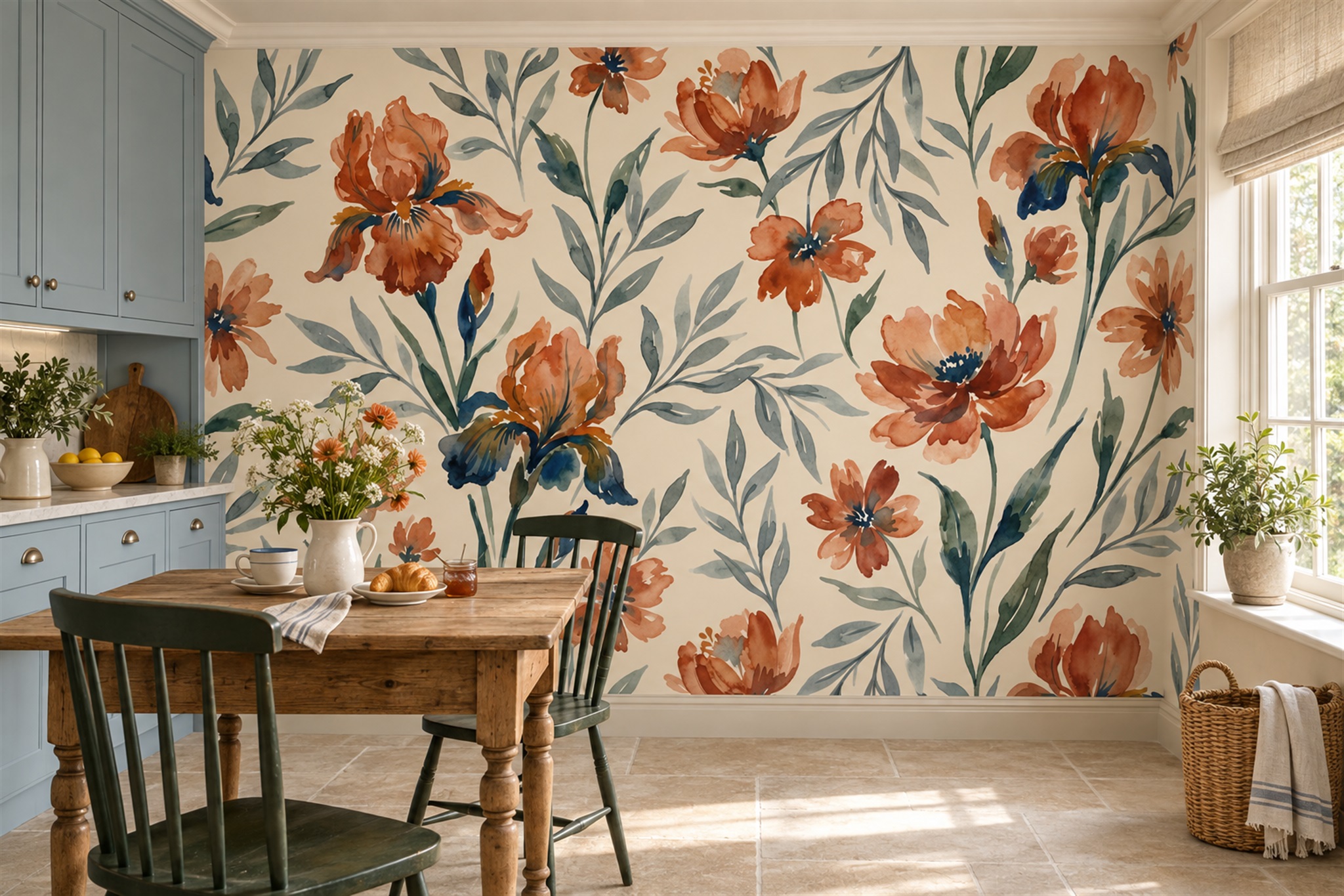 Orange Floral Botanical Wallpaper Mural Dining-room-wallpaper-murals, Shown In A Dining Room, Peel-and-stick Finish