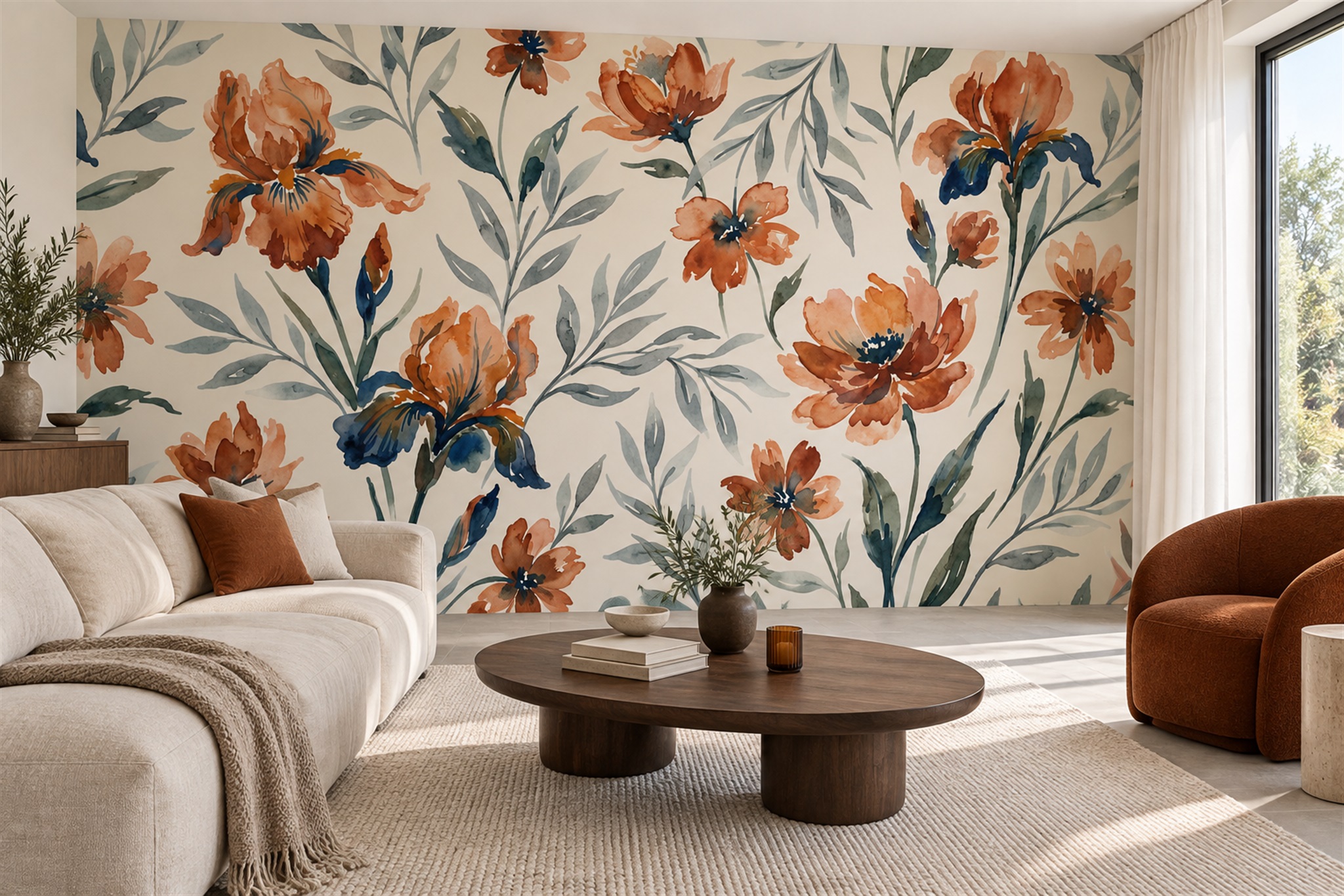 Orange Floral Botanical Wallpaper Mural Living-room-wallpaper-murals, Peel-and-stick Finish