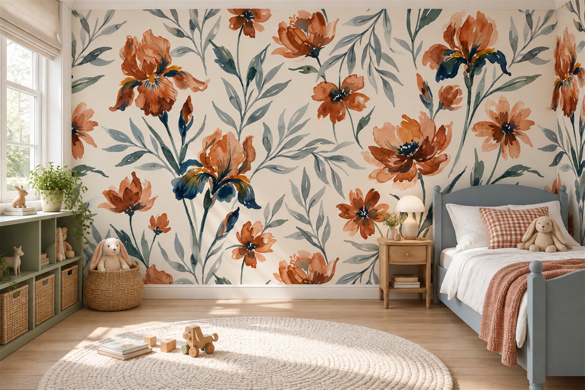 Orange Floral Botanical Wallpaper Mural Living-room-wallpaper-murals, Peel-and-stick Finish