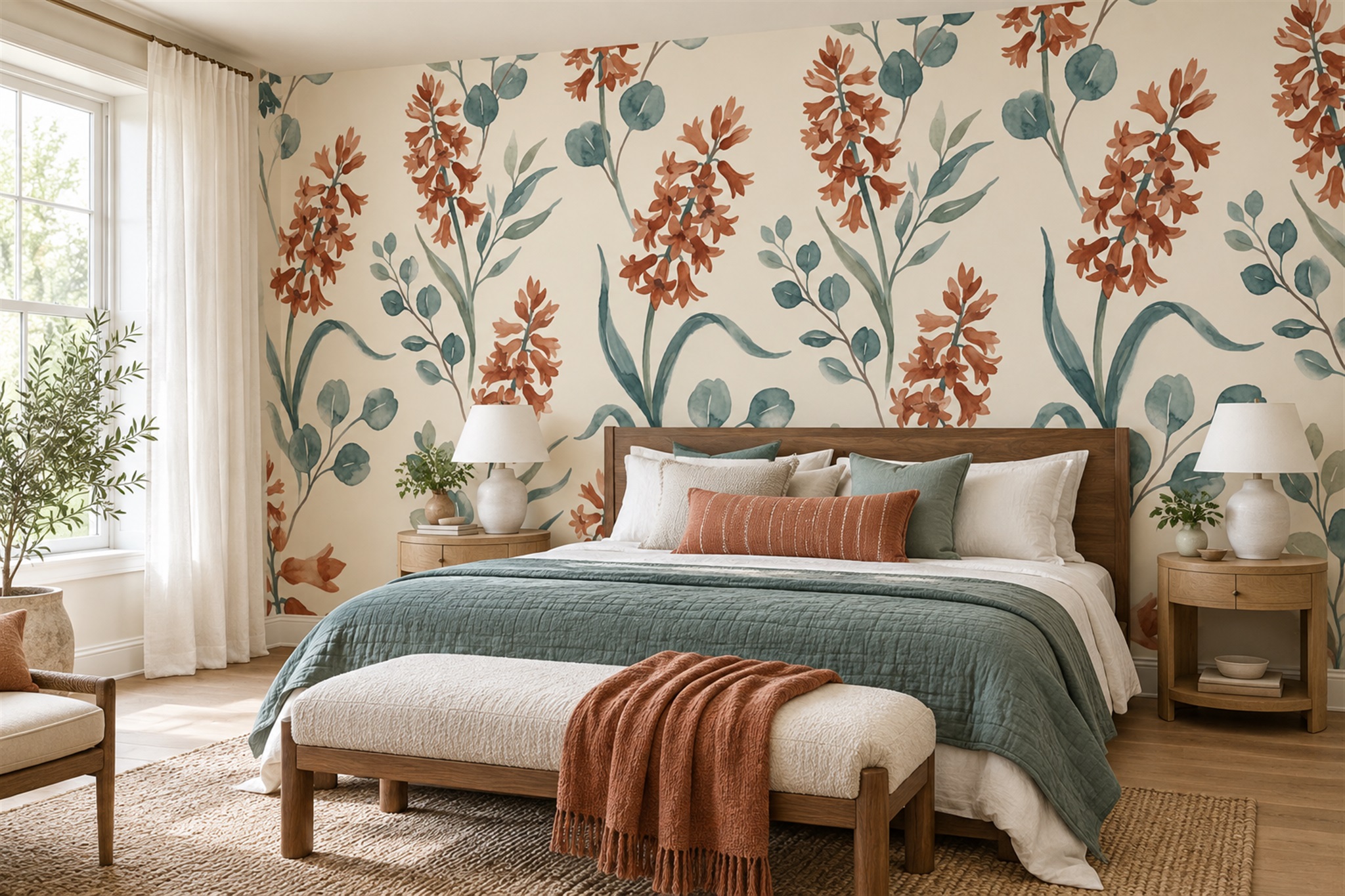 Clay Floral Botanical Wallpaper Mural Bedroom-wallpaper-murals, Peel-and-stick Finish