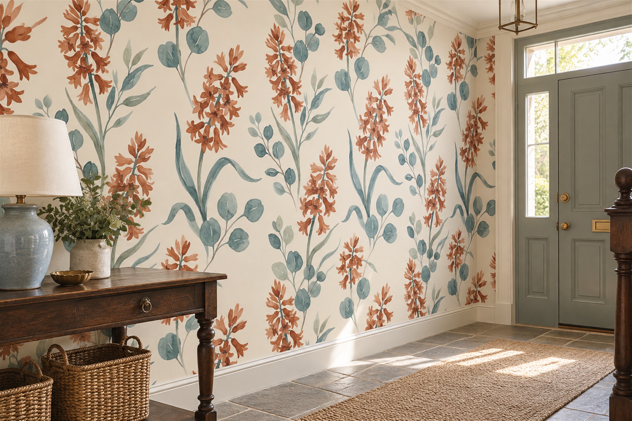Clay Floral Botanical Wallpaper Mural Entryway-wallpaper-murals, Peel-and-stick Finish