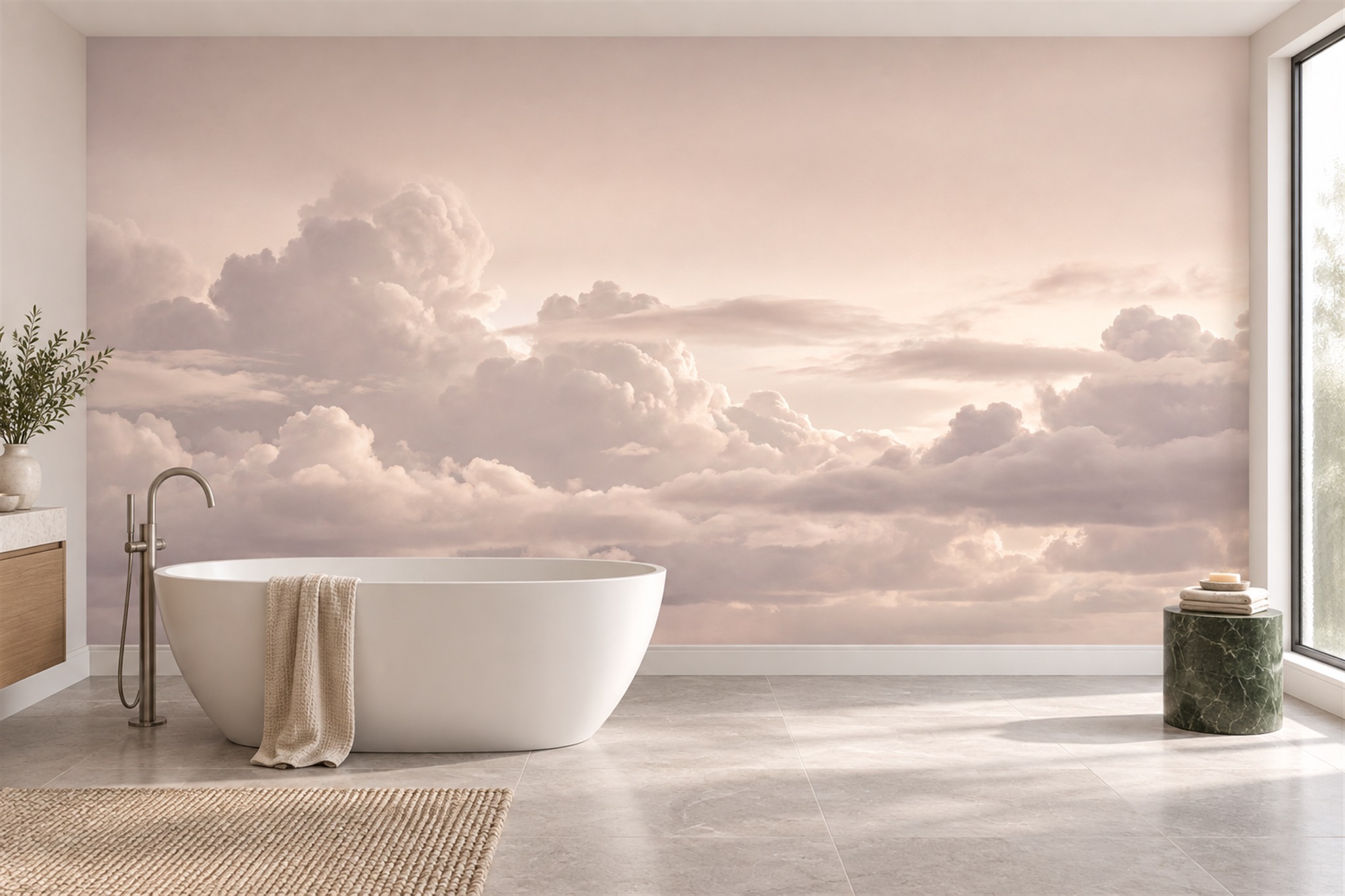 Blush Clouds Artful Wallpaper Mural Bathroom-wallpaper-murals, Peel-and-stick Finish