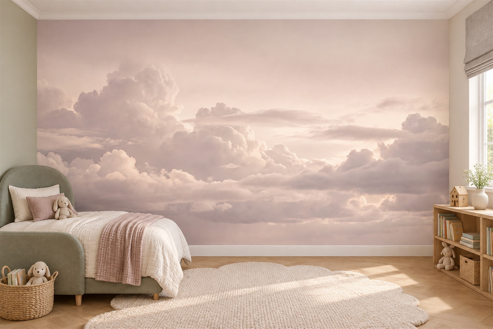 Blush Clouds Artful Wallpaper Mural Accent-wall-wallpaper-murals, Peel-and-stick Finish