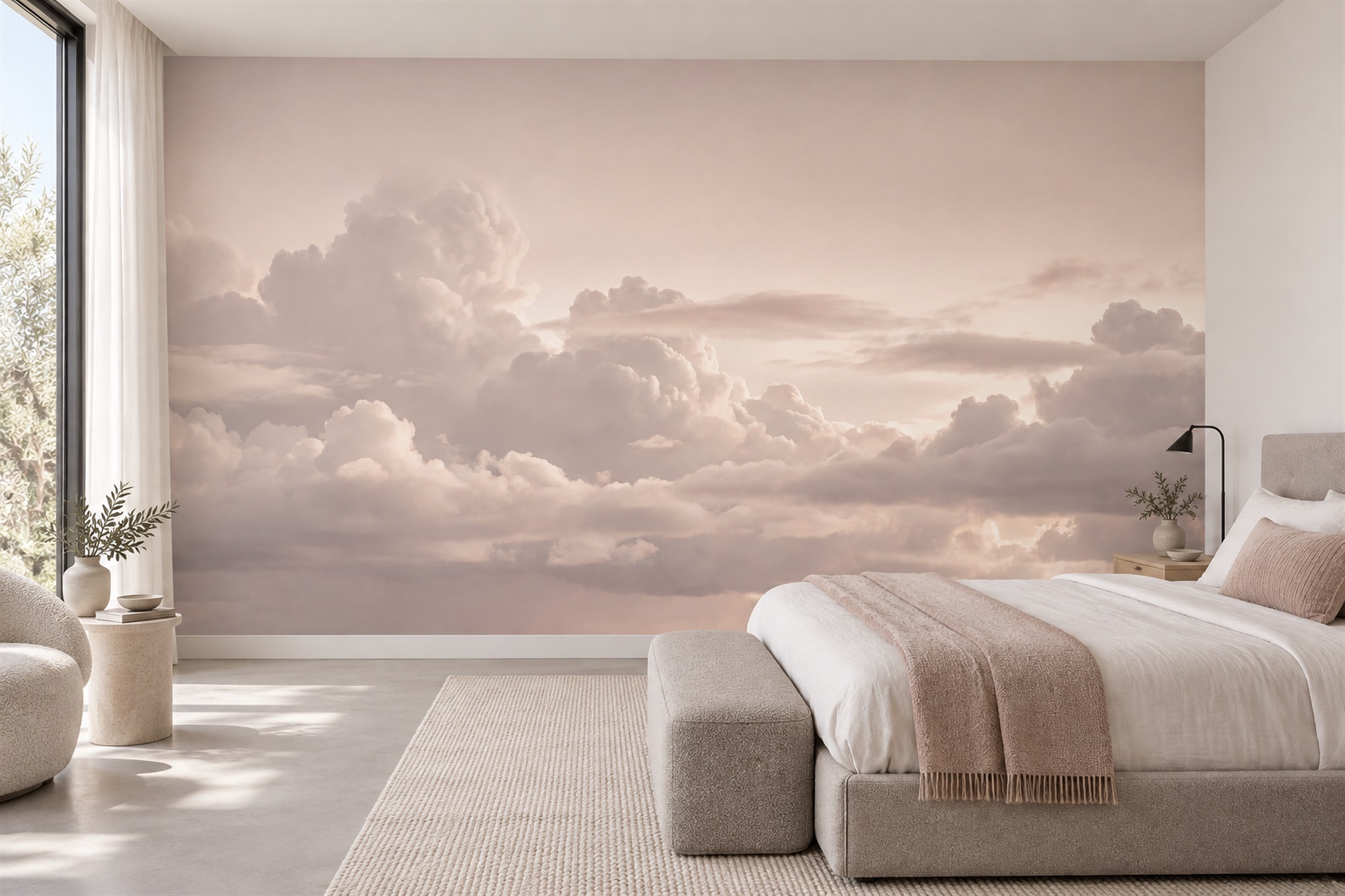 Blush Clouds Artful Wallpaper Mural Bedroom-wallpaper-murals, Peel-and-stick Finish