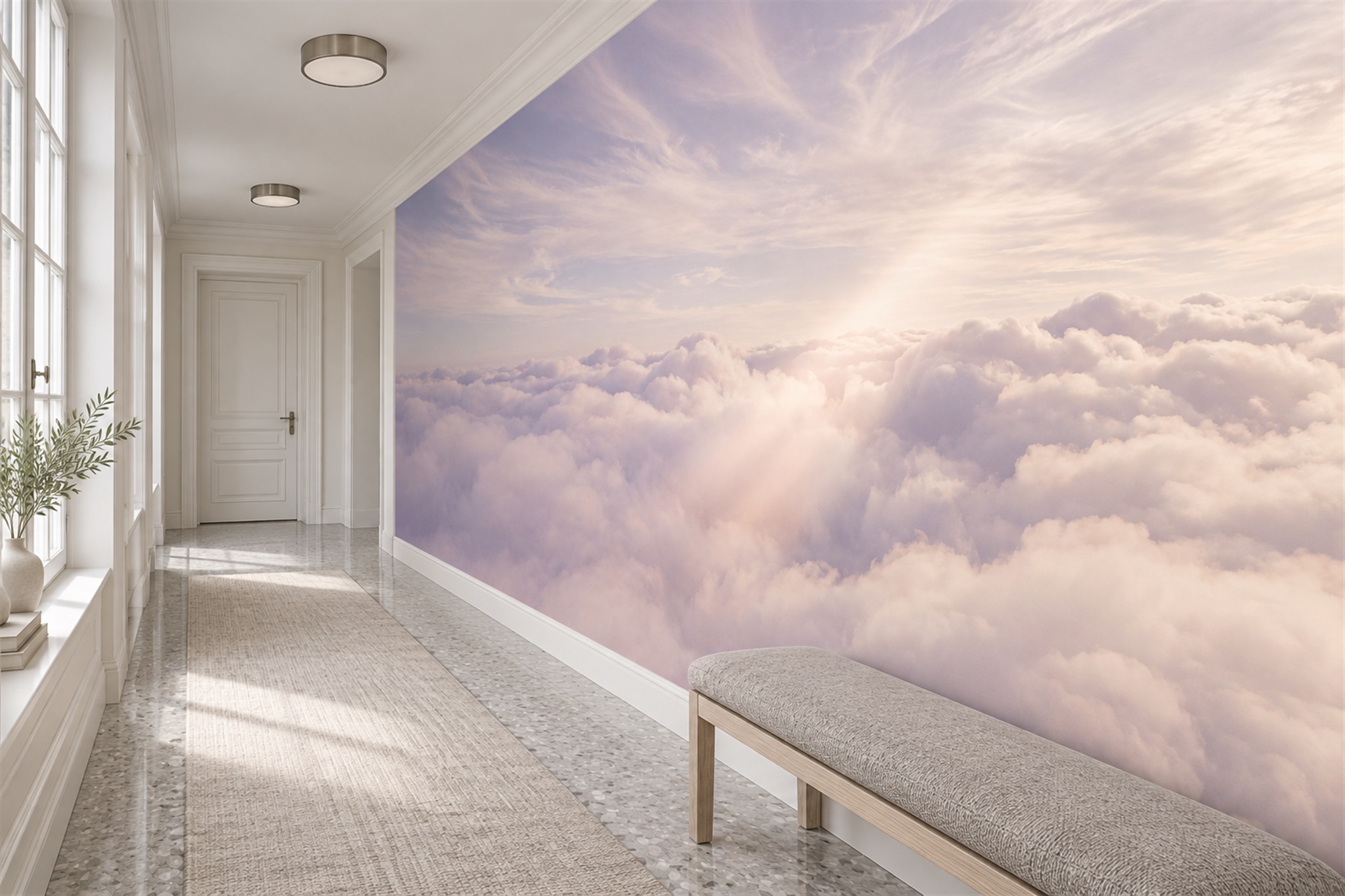 Lilac Clouds Artful Wallpaper Mural Hallway-wallpaper-murals, Peel-and-stick Finish