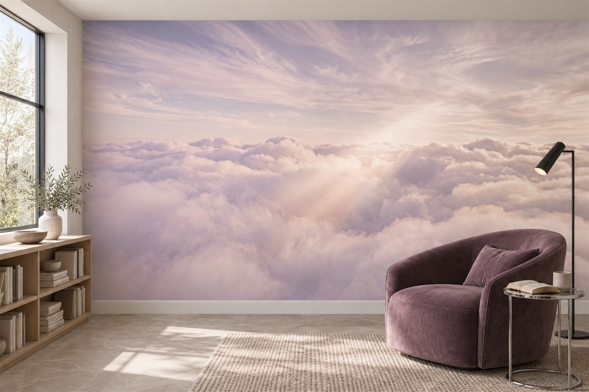 Lilac Clouds Artful Wallpaper Mural Office-wallpaper-murals, Shown In A Home Office, Peel-and-stick Finish