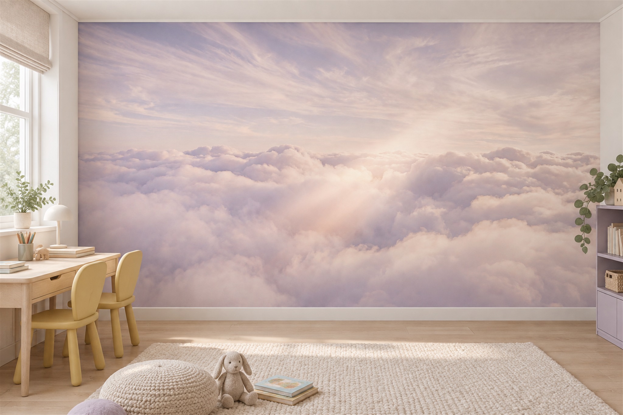 Lilac Clouds Artful Wallpaper Mural Hallway-wallpaper-murals, Peel-and-stick Finish