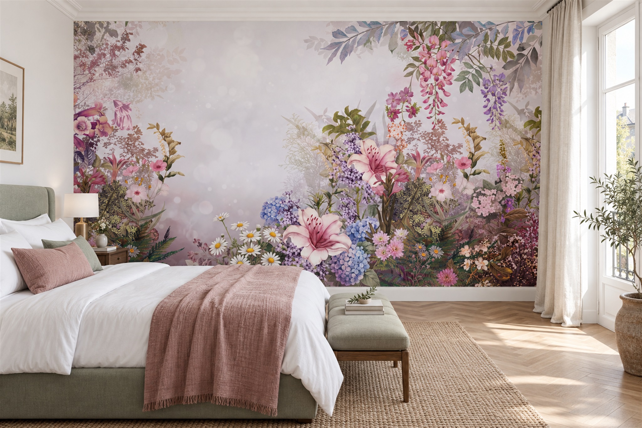 Flat floral garden mural covering a bedroom wall beside a bed