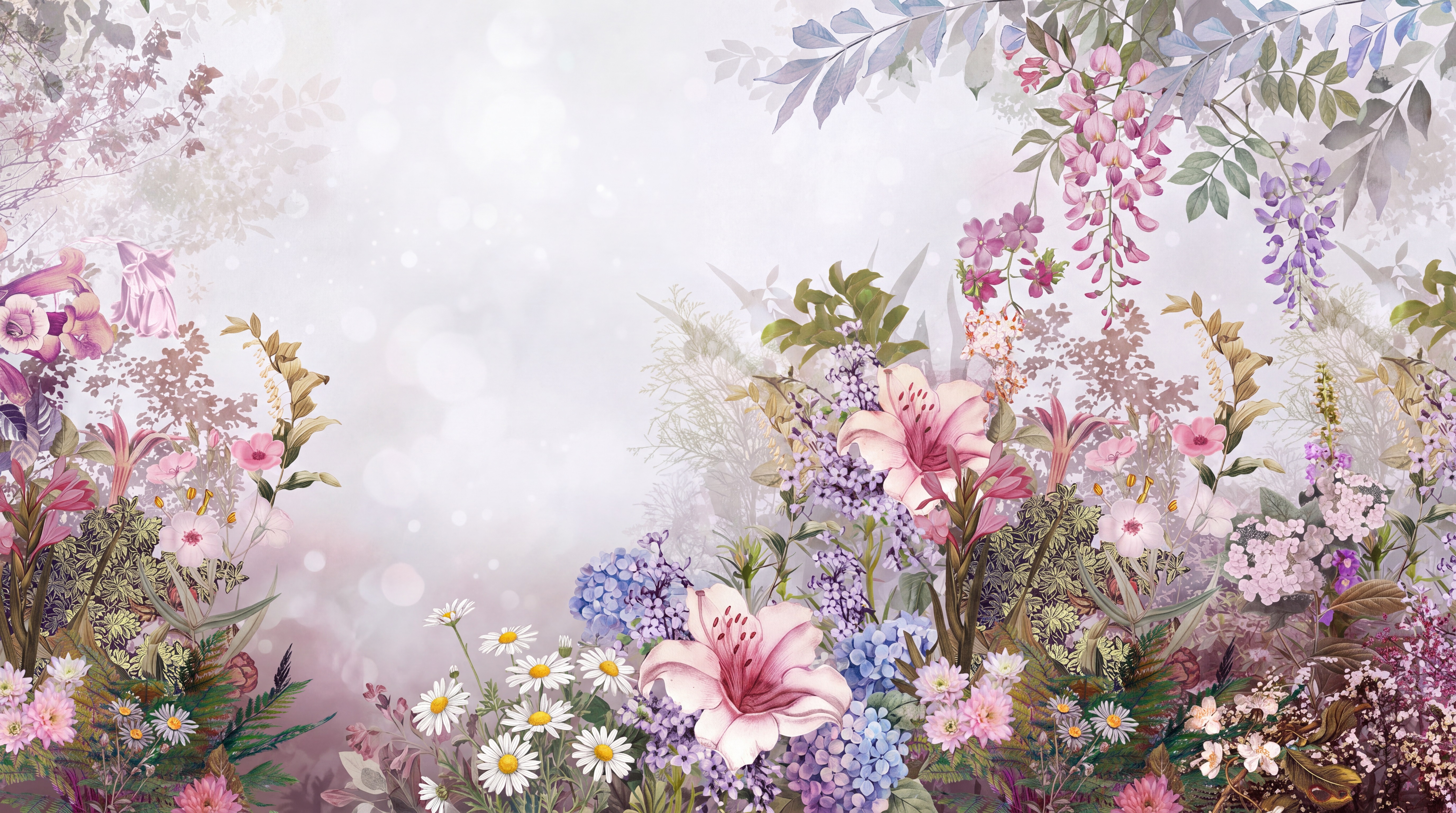Pink Garden Scenic Wallpaper Mural, Peel-and-stick Finish