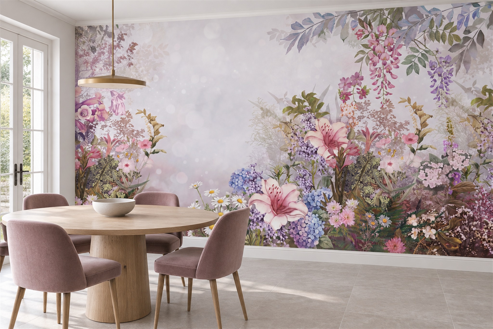 Pink Garden Scenic Wallpaper Mural Feature-wall-wallpaper-murals, Peel-and-stick Finish